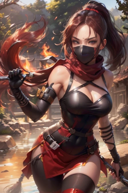 oriental ninja woman, detailed eyes and face, beautiful detailed lips, long eyelashes, leather armour, mask, big breasts, slender figure, agile movements, katana sword, throwing stars, ninja tools, moonlit night, bamboo forest, mysterious atmosphere, dark shadows, moonlight shining through the leaves, Asian inspiration, martial arts expertise, stealthy and silent, powerful and deadly, traditional Japanese culture, black and red color scheme, intense and dramatic lighting, dynamic poses, elegant and fierce, skilled in martial arts and assassination techniques, mysterious aura, capturing the essence of the oriental ninja in a modern and empowering way, high-quality illustration medium, ultra-detailed, realistic and vivid colors, masterful attention to textures and details, capturing the delicate features of the face, creating a captivating and iconic image.