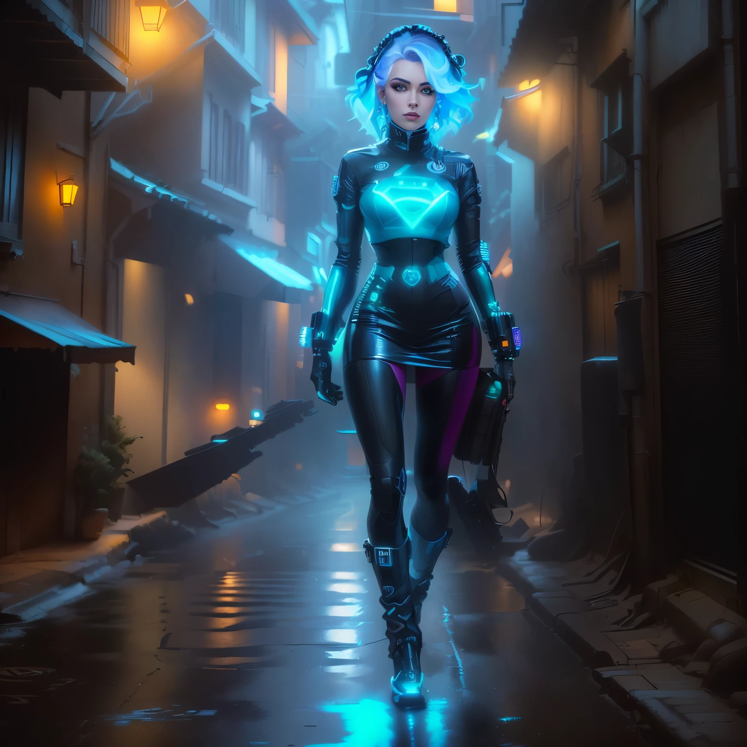 There&#39;s a woman in a wetsuit walking down a narrow street, gothic city streets behind her,  na rainha harley preta, Alexey Egorov, em cyberpunk city, no estilo cyberpunk, amouranth as a super villain, Foto cyberpunk, roupa estilo cyberpunk, Directed by: Galen Dara, modelo bonito da mulher cyberpunk, cgsociedade inspirada, em uma cidade cyberpunk