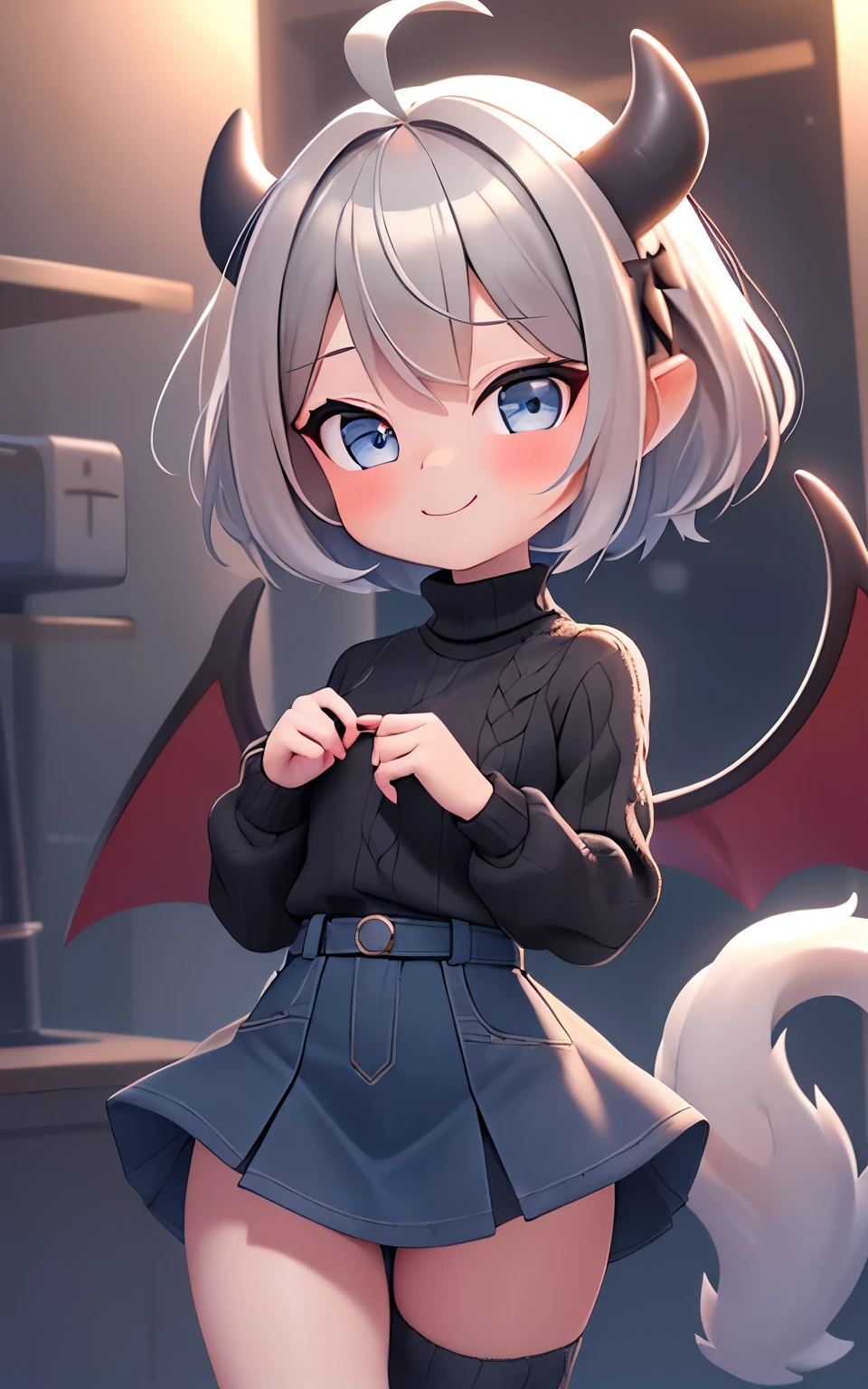Pixar, 1girl in, (short silver hair:1.5), Eyes are red, Reaching out:1.5, blush, (Ahoge:1.2), eyes gentle, (A smile:1.2), Hair Bow, (Black devil wings and tail grow:1.3), Black sheep horns grow, (Black knitted sweater:1.3), (Denim Long Skirt:1.3), 独奏, Bangs, femele, Upper body