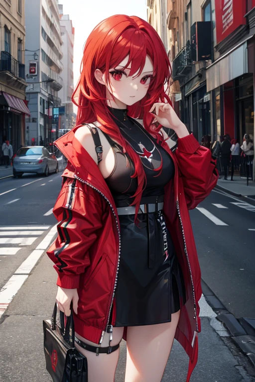 A red haired woman with red eyes with an hourglass is posing in cool streetwear on the street