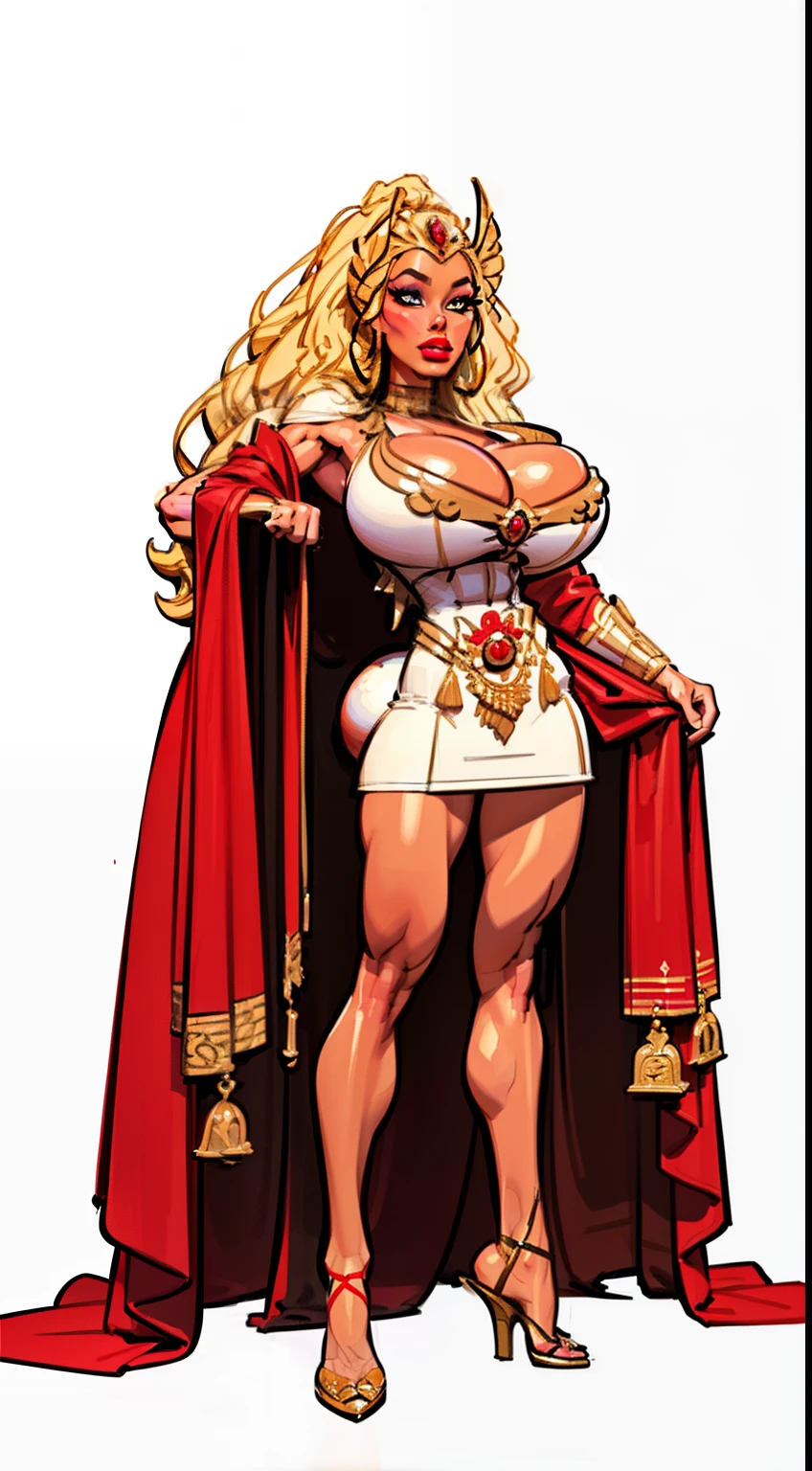 ((she-ra aesthetic)), ((full body view:1.4)), ((masterpiece)),(((best quality))), ((mature face)), defined cheekbones, high cheekbones, illustration, ((muscular:1.3)), ((gold:1.4)), sexy bimbo, (gigantic breasts:1.7) , blonde hair, ((detailed face:1.4)) beautiful woman, (Egyptian:1.4), colored skin, (white skin:1.4) , (red lipstick:1.4), shiny skin, ((skindentation)), scribbles and marks,(puffy lips:1.4) , (temple: 1.5), ( at night: 1.5), rough sketches, pose, 8k,16k, ( background, white background: 1.3) ((white, gold and red color palette)), ((ancient aesthetic))