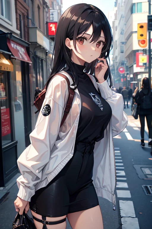 A black haired woman with brown eyes with an hourglass is posing in cool streetwear on the street