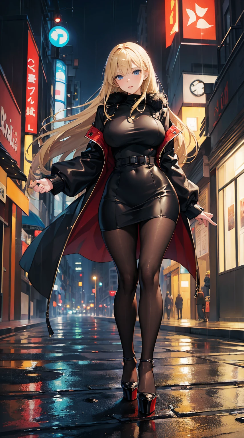 A half-body portrait of a teenage girl with bright yellow hair, blue eyes, wearing a plain black suit. Turn around and look back at the half-body image. look back. city view at night