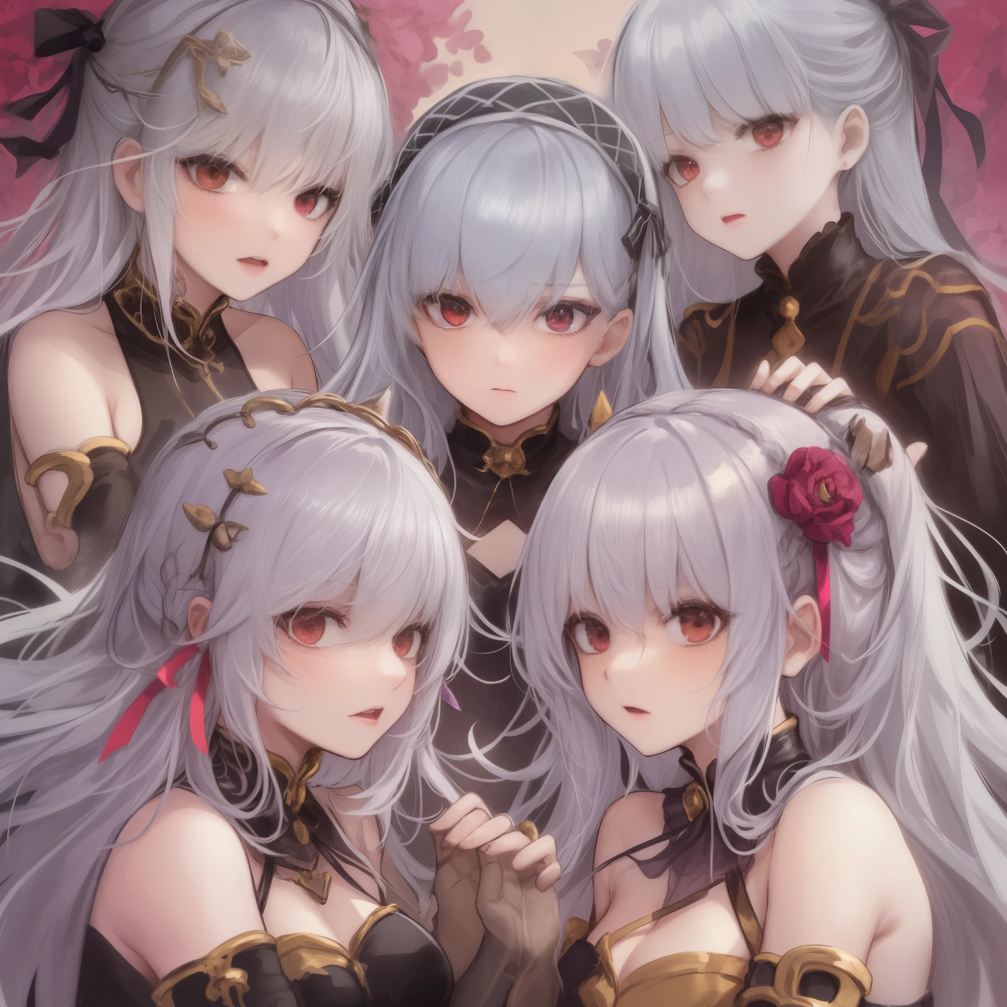 （（​masterpiece）），（（hightquality）），（（（hight resolution））），（（（（Harem of large number of girls with purplish-silver hair）））），，（（（（Body shape々Harem girl with purplish-silver hair）））），（（（Hairstyle々Harem girl with purplish-silver hair））），（（（（（Image of radical Lily lesbian skinship entangled with a girl in harem））））），（（（（（（（Hair color is only purplish silver hair））））））），（（（twin-tailed hair of purplish-silver color,））），（（（short hair with purplish silver hair,,,））），（（（long hair with purplish-silver hair,,,））），（（（Purplish silver twin drill hair））），（（（Ponytail hair））），（（（***********））），（（Young Girl）），（（Adult sister）），（（（（Harem of purplish-silver-haired daughters wearing costumes different from the original）））），（（（（Sexy fluffy distorted underwear in maid clothes style）））），（（Fate））（（Fate Grand Order）），（（Kama）），（（Ribbon hair ornament on purplish-silver hair head）），（（（Red Eyes）））