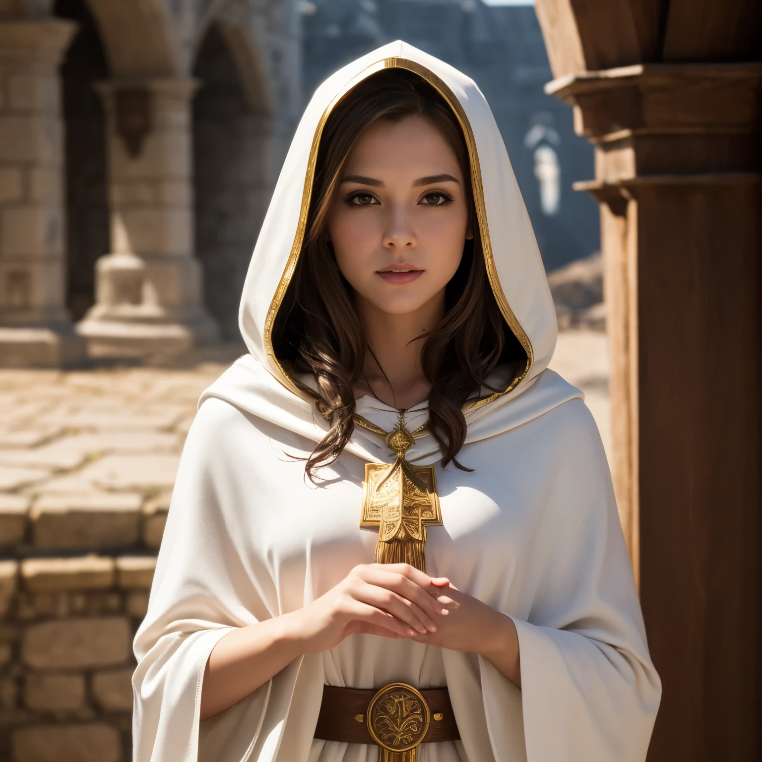 3x4 image young role-playing style woman brown hair light skin upturned nose wearing white tunic with gold details priestess style cleric with detailed hood and innocent expression profile image chest and face landscape background RPG castle sunny day