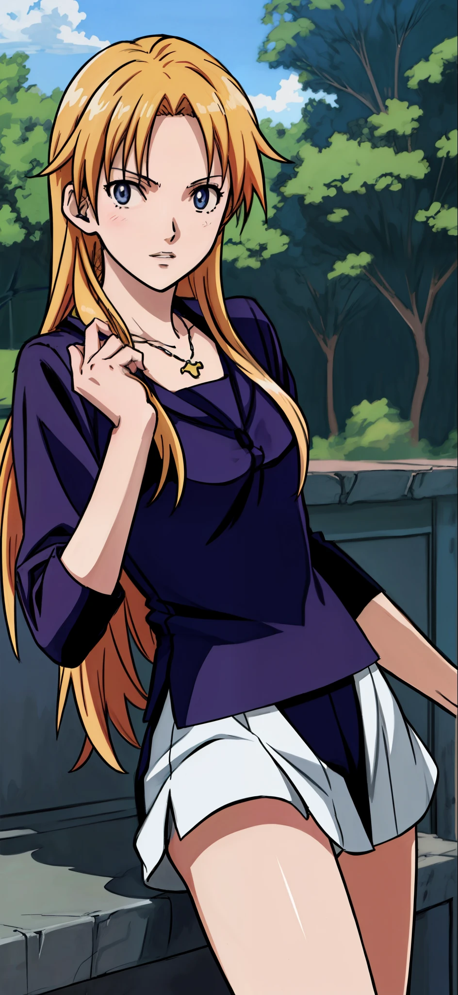 (Best Quality,4K,8K,hight resolution,masutepiece:1.2), Ultra-detailed, (Realistic,photoRealistic,photo-Realistic:1.37), rage, Unhappy,((Golden hair)), ((Medium Long Hair)),Mini One Piece,a necklace,right hand up,pumps,Beautiful detailed eyes, Beautiful detailed lips, extremely detailed eye and face, long eyelashes, Realistic anime 3D style, Smooth Anime CG Art, Digital rendering by Makoto Shinkai, Moe Anime Art Style, photoRealistic rendering of an anime girl, Shinkai Makoto style, Cute anime girl visuals, Realistic young anime girl, girl fan art, Created by Anime Artist'studio of.