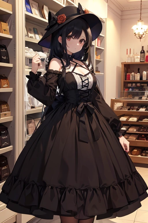 A black haired woman with brown eyes with an hourglass is posing in a lolita dress in a dress shop