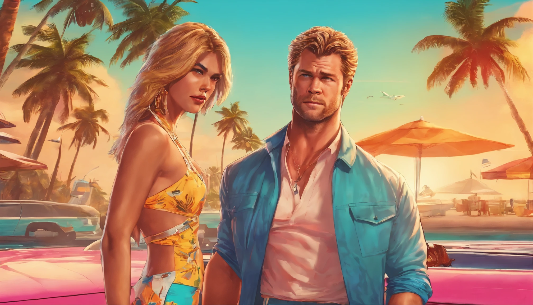 A photorealistic portrait of Chris Hemsworth, styled in a Miami Vice-inspired look, captured by Austin English in his signature minimalist style. Hemsworth wears a cobalt white button-down shirt and matching bomber jacket, the color echoing the Miami sky behind him. His hair tousled by the ocean breeze, and his gaze smolders with an intensity that could melt glaciers. He sips a margarita at a Little Havana Beach Bar. A beautiful latina girl in a bikini hugs him from while holding a glass of blue liquid. The palm trees lining South Beach frame the shot, while hinting at Hemsworth's jet-set lifestyle. The overall vibe a blend of masculine charm, carefree luxury, and a touch of danger, reminiscent of classic 80s action movies.