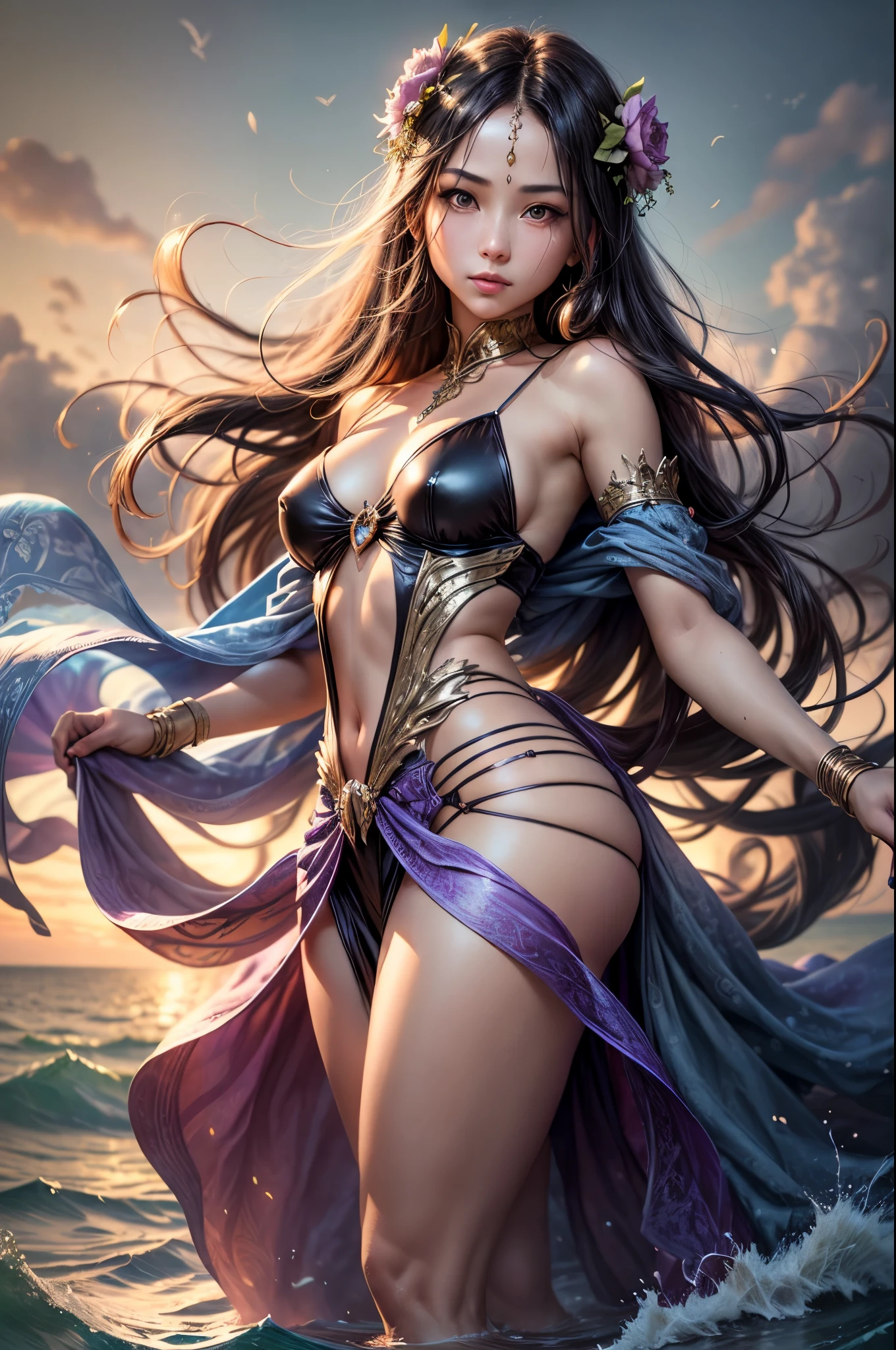 Photography (85mm): Capture the essence of a fantasy novel cover in a photograph, featuring a girl with magical prowess by the sea. Employ an 85mm lens to focus on the protagonist against a backdrop of a mystical seascape. The color temperature leans towards cool tones, enhancing the magical ambiance. The girl's expression exudes a sense of power and wonder, as the sea sparkles with ethereal lights, setting the stage for an epic tale.