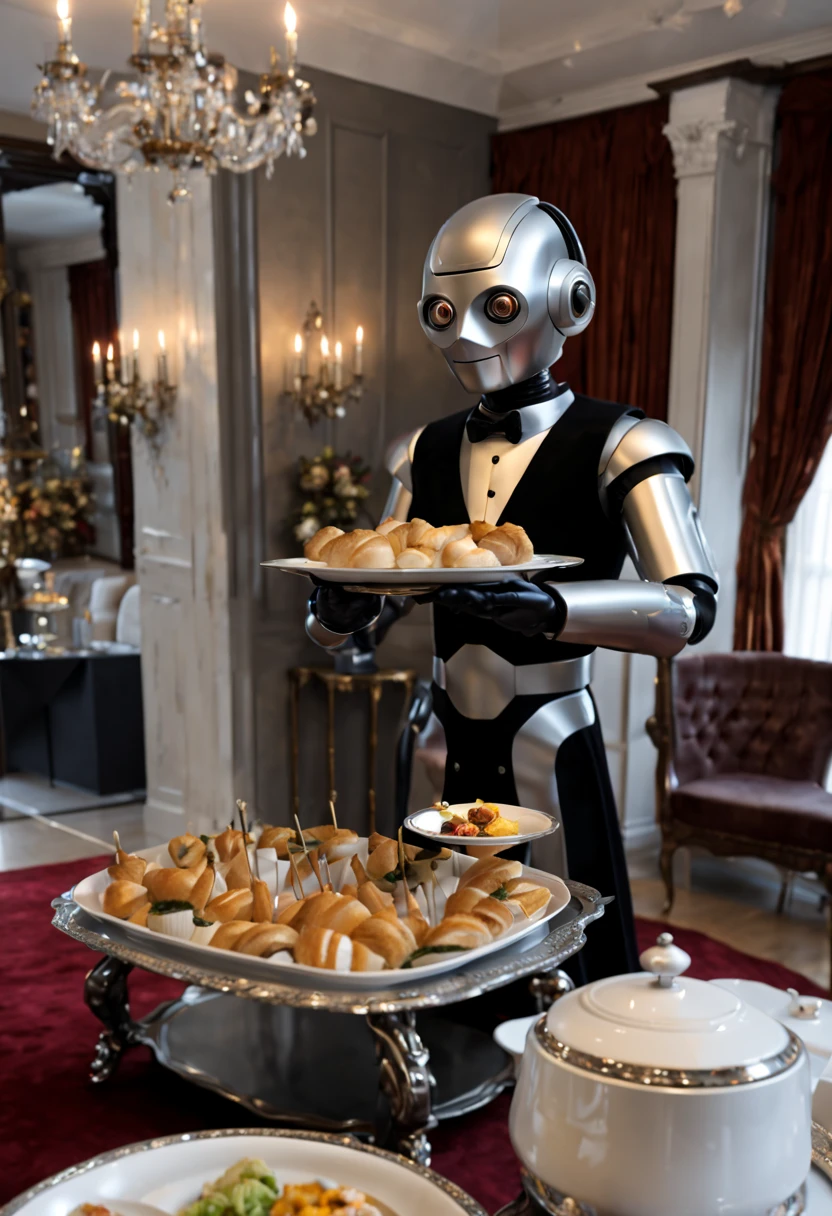 A detailed butler robot in a realistic, ultra-detailed, high-resolution scene. The butler is made of shiny metal and has intricate mechanical designs. It has bright LED eyes and a sleek, streamlined body. The butler holds a silver tray with some delicious hors d'oeuvres. The tray is adorned with fine porcelain plates. The scene is set in a luxurious living room with elegant furniture and luxurious velvet curtains. The lighting is warm and soft, creating a cozy atmosphere. The colors are rich and vibrant, with silver and gold metallic tones dominating the palette. The butler stands in a confident and composed position, ready to serve his guests with impeccable manners.