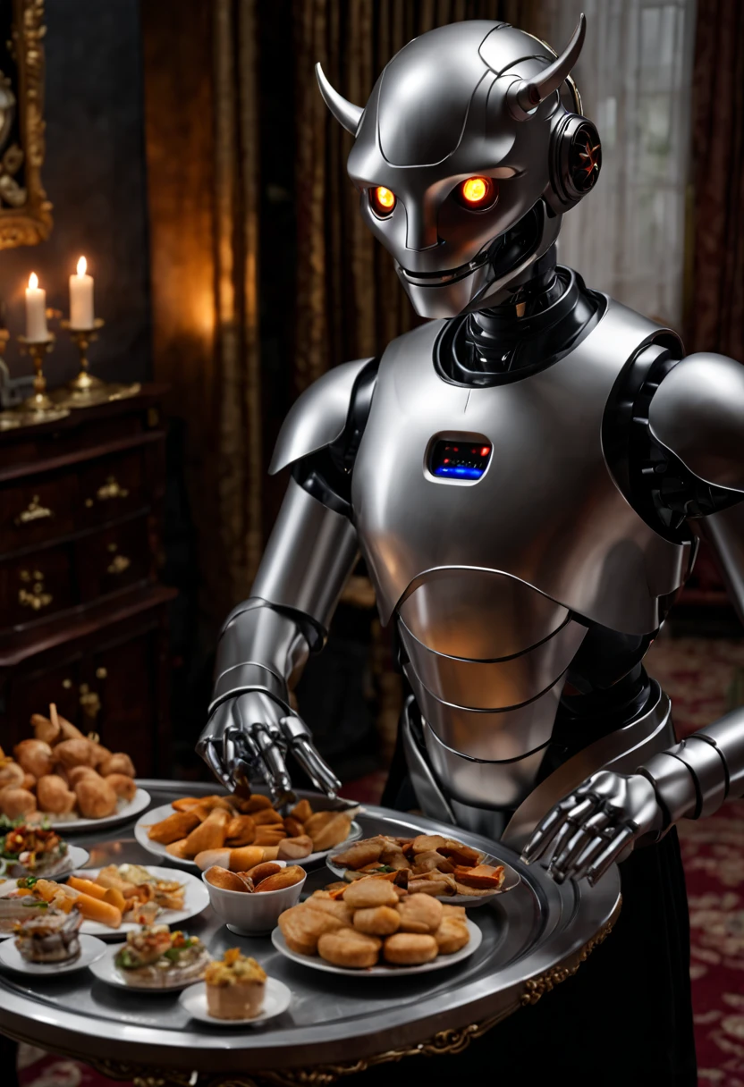 A detailed butler robot in a realistic, ultra-detailed, high-resolution scene. The butler is made of shiny metal and has intricate mechanical designs. It has bright LED eyes and a sleek, streamlined body. The butler holds a silver tray with some delicious hors d'oeuvres. The tray is adorned with fine porcelain plates. The scene is set in a luxurious living room with elegant furniture and luxurious velvet curtains. The lighting is warm and soft, creating a cozy atmosphere. The colors are rich and vibrant, with silver and gold metallic tones dominating the palette. The butler stands in a confident and composed position, ready to serve his guests with impeccable manners.