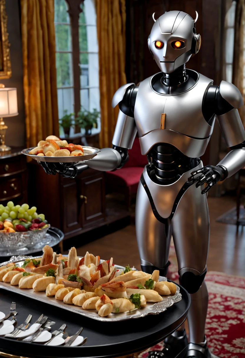 A detailed butler robot in a realistic, ultra-detailed, high-resolution scene. The butler is made of shiny metal and has intricate mechanical designs. It has bright LED eyes and a sleek, streamlined body. The butler holds a silver tray with some delicious hors d'oeuvres. The tray is adorned with fine porcelain plates. The scene is set in a luxurious living room with elegant furniture and luxurious velvet curtains. The lighting is warm and soft, creating a cozy atmosphere. The colors are rich and vibrant, with silver and gold metallic tones dominating the palette. The butler stands in a confident and composed position, ready to serve his guests with impeccable manners.