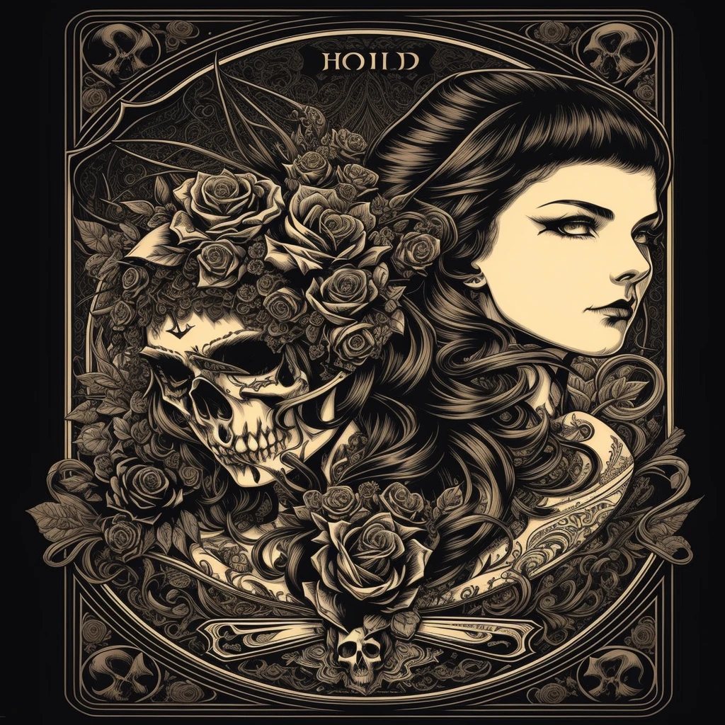 a woman with a skull and roses in her hair, highly detailed dark art, gothic art style, arte lowbrow style, style of hydro74, aaron horkey style, print!, dark and intricate, highly detailed vector art, mcbess poster, aaron horkey, intricate portrait design, gothic art, poster artwork, hajime sorayama aaron horkey