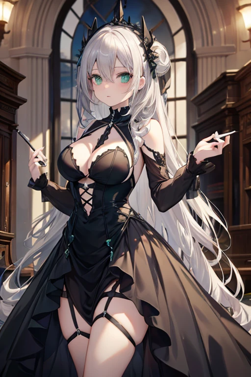 A silver haired young woman with green eyes with an hourglass is posing in a gothic tia dress in the dress shop
