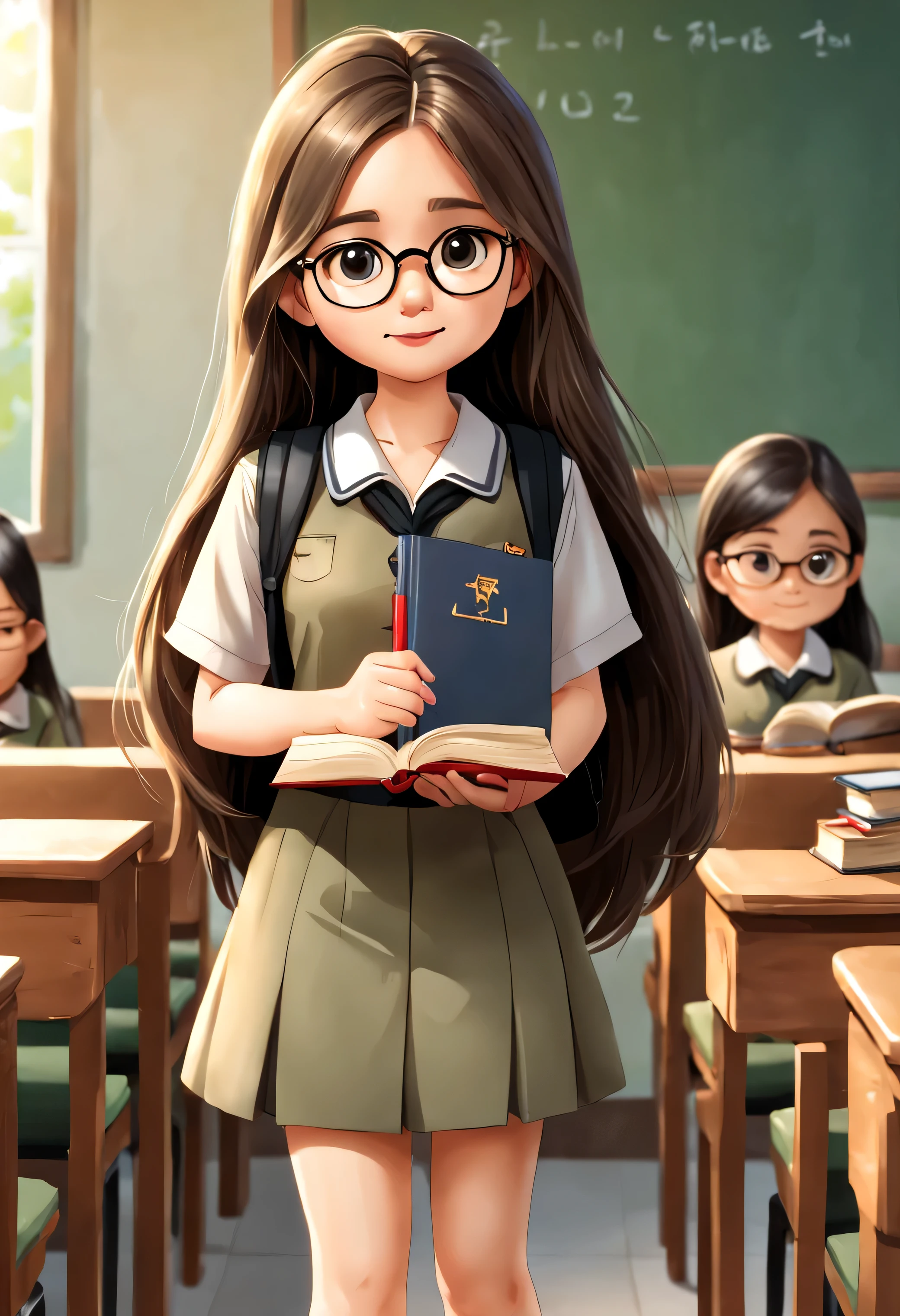 cute cartoon girl,long-haired,Wear glasses,Wear a khaki Thai teacher uniform..,Wear black shoes,left hand holding a book,Stand alone..,daylight