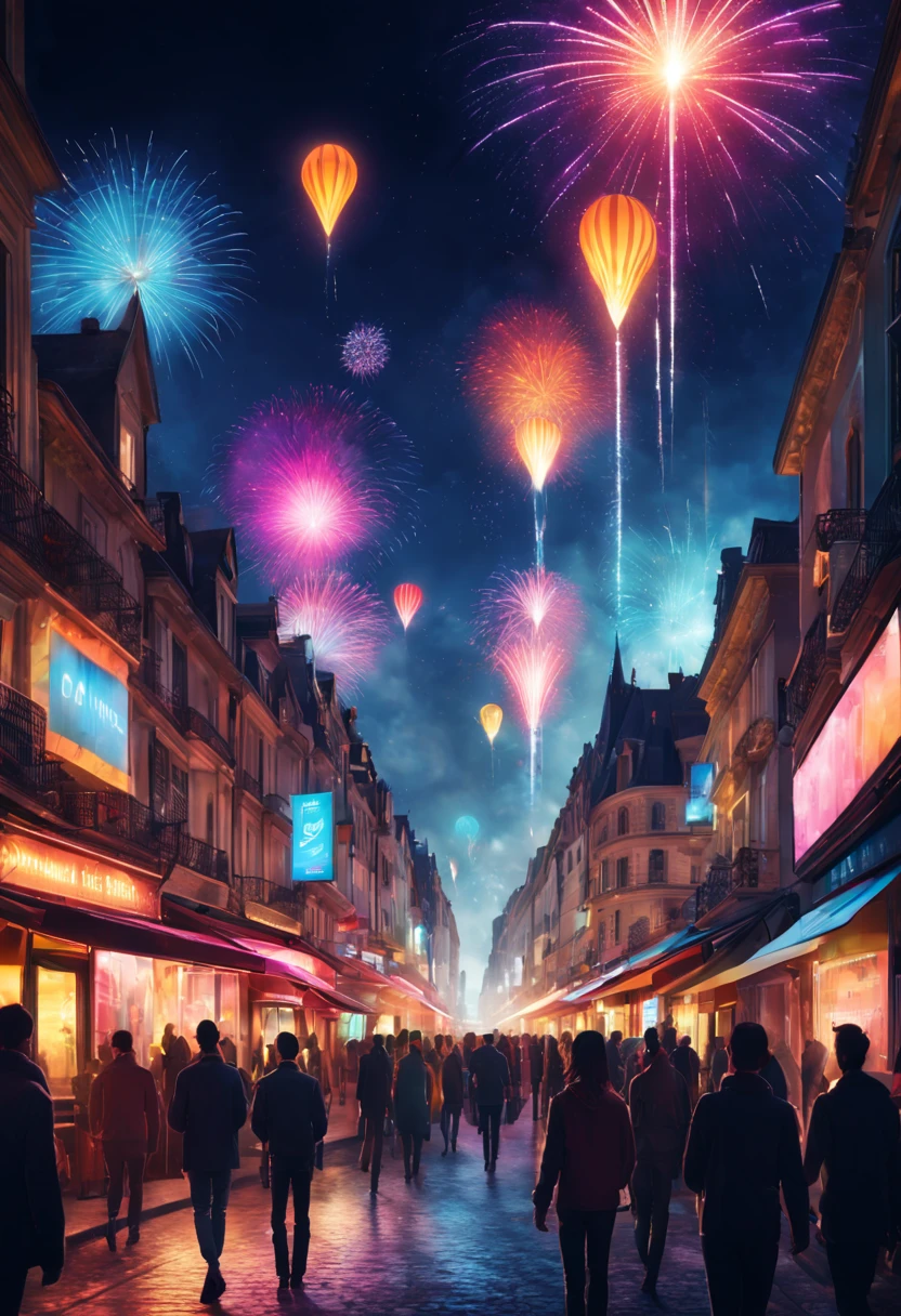 Ville colorée, Bâtiments futuristes, voitures volantes, Néons, grand feu d'artifice, rues bondées, Atmosphère animée, des gens heureux qui célèbrent, superbe horizon, Technologie de pointe, gratte-ciel de grande hauteur, Panneaux d’affichage holographiques, couleurs éclatantes, Énergie dynamique, Décorations festives, transport avancé, Spectacle de lumière éblouissant, Ambiance joyeuse, Architecture moderne, paysage urbain éclatant, des gens portant des tenues futuristes, Ambiance de fête, Musique entraînante, Gadgets high-tech, ville illuminée de lumières vives, scène énergique et vibrante, célébration d'un nouveau départ, Paysage urbain futuriste, Avancées technologiques, Esprit festif, anticipation d'un avenir radieux, ambiance optimiste, des conceptions avant-gardistes, Expérience immersive, un feu d'artifice spectaculaire, Vue aérienne de la ville, marchés de rue animés, énergie positive, unité et convivialité, moments joyeux, un sentiment d'émerveillement et d'excitation, grand spectacle, une ville qui renaît avec des possibilités infinies, espoir pour l'avenir.