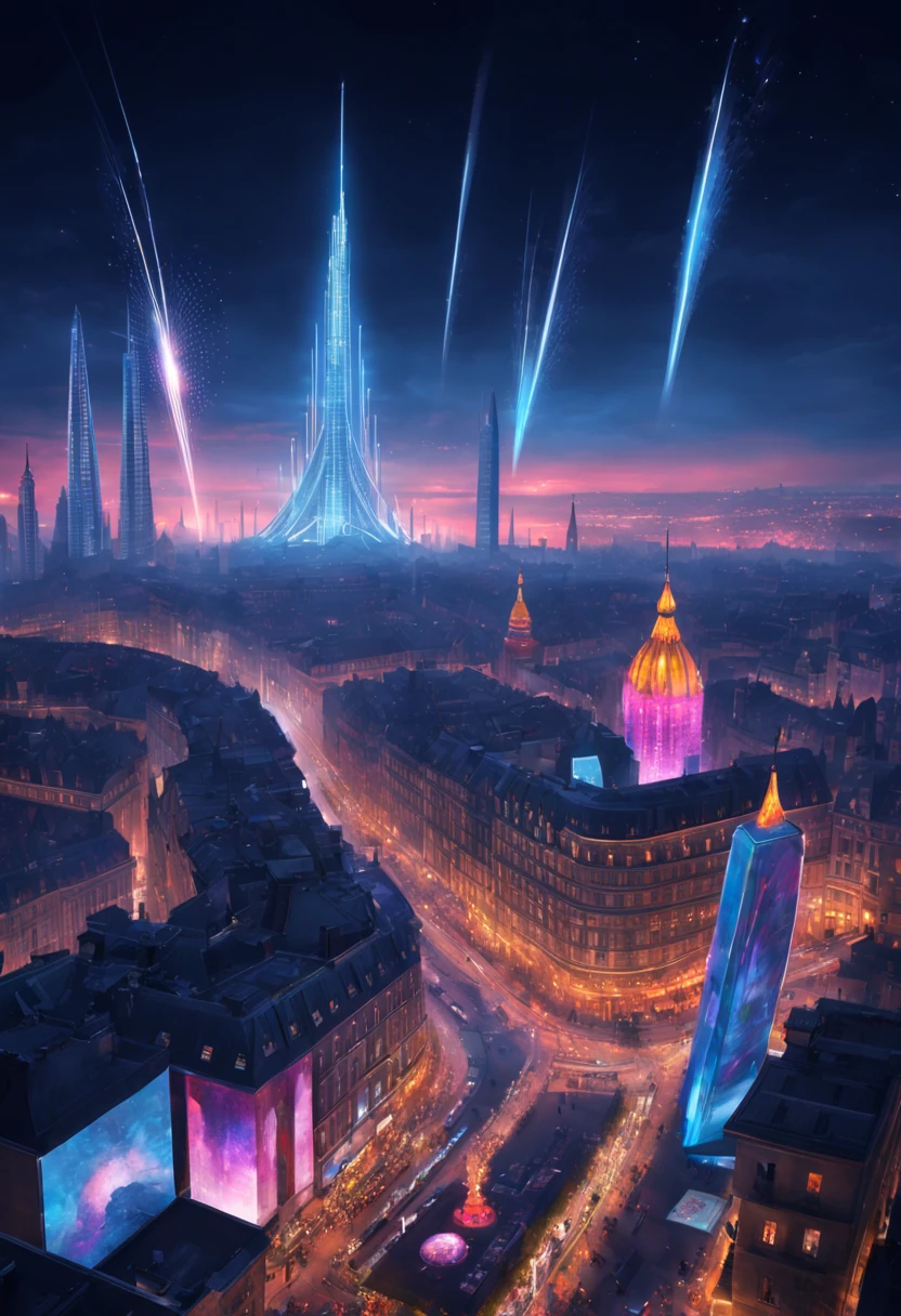 Ville colorée, Bâtiments futuristes, voitures volantes, Néons, grand feu d'artifice, rues bondées, Atmosphère animée, des gens heureux qui célèbrent, superbe horizon, Technologie de pointe, gratte-ciel de grande hauteur, Panneaux d’affichage holographiques, couleurs éclatantes, Énergie dynamique, Décorations festives, transport avancé, Spectacle de lumière éblouissant, Ambiance joyeuse, Architecture moderne, paysage urbain éclatant, des gens portant des tenues futuristes, Ambiance de fête, Musique entraînante, Gadgets high-tech, ville illuminée de lumières vives, scène énergique et vibrante, célébration d'un nouveau départ, Paysage urbain futuriste, Avancées technologiques, Esprit festif, anticipation d'un avenir radieux, ambiance optimiste, des conceptions avant-gardistes, Expérience immersive, un feu d'artifice spectaculaire, Vue aérienne de la ville, marchés de rue animés, énergie positive, unité et convivialité, moments joyeux, un sentiment d'émerveillement et d'excitation, grand spectacle, une ville qui renaît avec des possibilités infinies, espoir pour l'avenir.