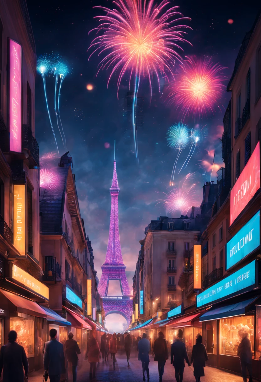 Ville colorée, Bâtiments futuristes, voitures volantes, Néons, grand feu d&#39;artifice, rues bondées, Atmosphère animée, des gens heureux qui célèbrent, superbe horizon, Technologie de pointe, gratte-ciel de grande hauteur, Panneaux d’affichage holographiques, couleurs éclatantes, Énergie dynamique, Décorations festives, transport avancé, Spectacle de lumière éblouissant, Ambiance joyeuse, Architecture moderne, paysage urbain éclatant, des gens portant des tenues futuristes, Ambiance de fête, Musique entraînante, Gadgets high-tech, ville illuminée de lumières vives, scène énergique et vibrante, célébration d&#39;un nouveau départ, Paysage urbain futuriste, Avancées technologiques, Esprit festif, anticipation d&#39;un avenir radieux, ambiance optimiste, des conceptions avant-gardistes, Expérience immersive, un feu d&#39;artifice spectaculaire, Vue aérienne de la ville, marchés de rue animés, énergie positive, unité et convivialité, moments joyeux, un sentiment d&#39;émerveillement et d&#39;excitation, grand spectacle, une ville qui renaît avec des possibilités infinies, espoir pour l&#39;avenir.
