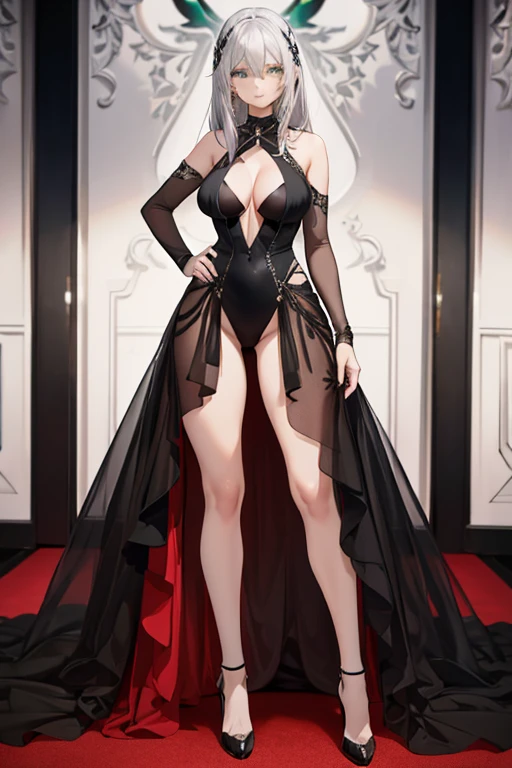 A silver haired young woman with green eyes with an hourglass is posing in a tight black gown on the red carpet