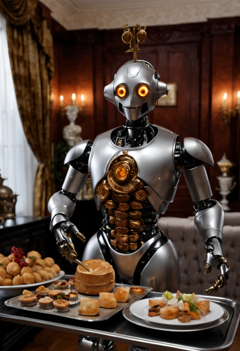 A detailed butler robot in a realistic, ultra-detailed, high-resolution scene. The butler is made of shiny metal and has intricate mechanical designs. It has bright LED eyes and a sleek, streamlined body. The butler holds a silver tray with some delicious hors d'oeuvres. The tray is adorned with fine porcelain plates. The scene is set in a luxurious living room with elegant furniture and luxurious velvet curtains. The lighting is warm and soft, creating a cozy atmosphere. The colors are rich and vibrant, with silver and gold metallic tones dominating the palette. The butler stands in a confident and composed position, ready to serve his guests with impeccable manners.