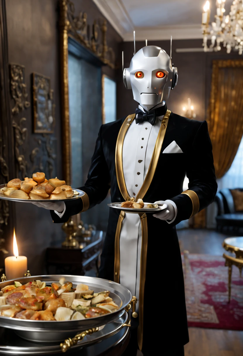 A detailed butler robot in a realistic, ultra-detailed, high-resolution scene. The butler is made of shiny metal and has intricate mechanical designs. It has bright LED eyes and a sleek, streamlined body. The butler holds a silver tray with some delicious hors d'oeuvres. The tray is adorned with fine porcelain plates. The scene is set in a luxurious living room with elegant furniture and luxurious velvet curtains. The lighting is warm and soft, creating a cozy atmosphere. The colors are rich and vibrant, with silver and gold metallic tones dominating the palette. The butler stands in a confident and composed position, ready to serve his guests with impeccable manners.