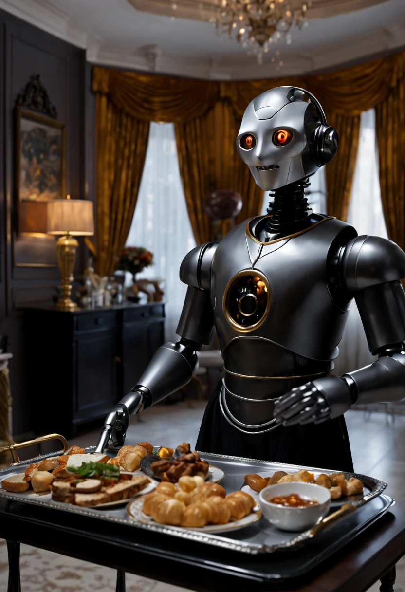 A detailed butler robot in a realistic, ultra-detailed, high-resolution scene. The butler is made of shiny metal and has intricate mechanical designs. It has bright LED eyes and a sleek, streamlined body. The butler holds a silver tray with some delicious hors d'oeuvres. The tray is adorned with fine porcelain plates. The scene is set in a luxurious living room with elegant furniture and luxurious velvet curtains. The lighting is warm and soft, creating a cozy atmosphere. The colors are rich and vibrant, with silver and gold metallic tones dominating the palette. The butler stands in a confident and composed position, ready to serve his guests with impeccable manners.