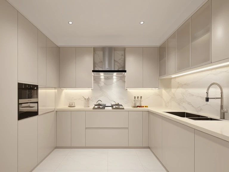 best quality, masterpiece, Interior design, cream tone, kitchen, 3000k