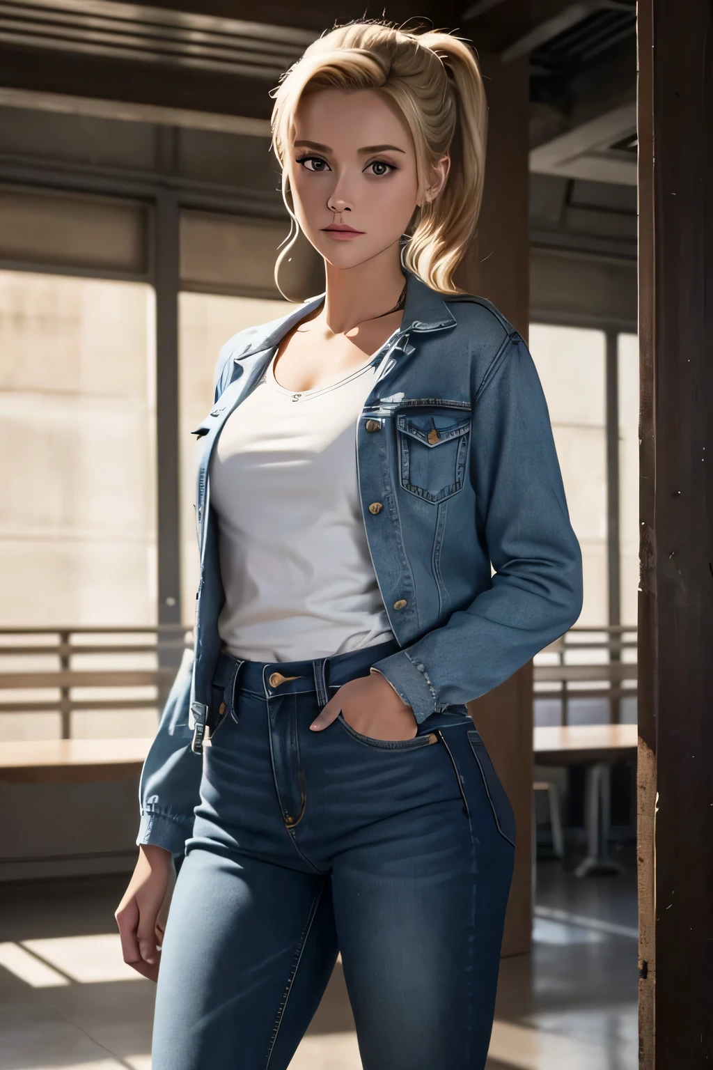 Betty Cooper est l'hero of the Riverdale series. Réfectoire du lycée. Betty is casual and wears jean pants with a pull, petite veste en cuir par dessus.