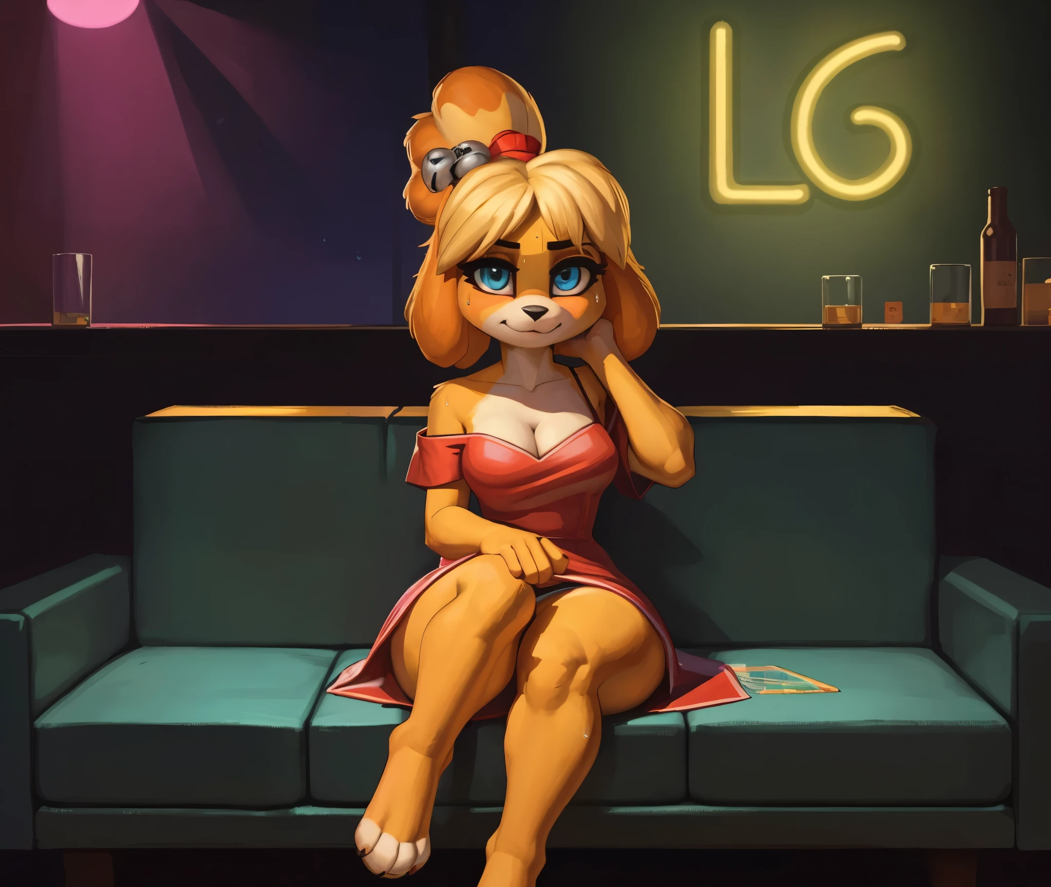 [isaCrossing], [Isabelle], [Animal Crossing], [Uploaded to e621.net; (Pixelsketcher), (wamudraws)], ((masterpiece)), ((HD)), ((highres)), ((solo portrait)), ((front view)), ((feet visible)), ((furry; anthro)), ((detailed fur)), ((detailed shading)), ((beautiful render art)), {anthro; (slim figure), yellow fur, black nose, (cute blue eyes), small brown eyebrows, blonde hair, (bells in hair), topknot, fluffy tail, (curvy hips), (sweat on forehead), (beautiful legs), (beautiful feet), (toes exposed), (cute nervous smirk)}, {(red ribbon in hair), (green satin off-shoulder dress), (cleavage), (green toeless heels)}, {(sitting on couch), (hands in lap), (pigeon-toed), (looking at viewer)}, [background; (club), (party), (neon lights), (ambient lighting)]