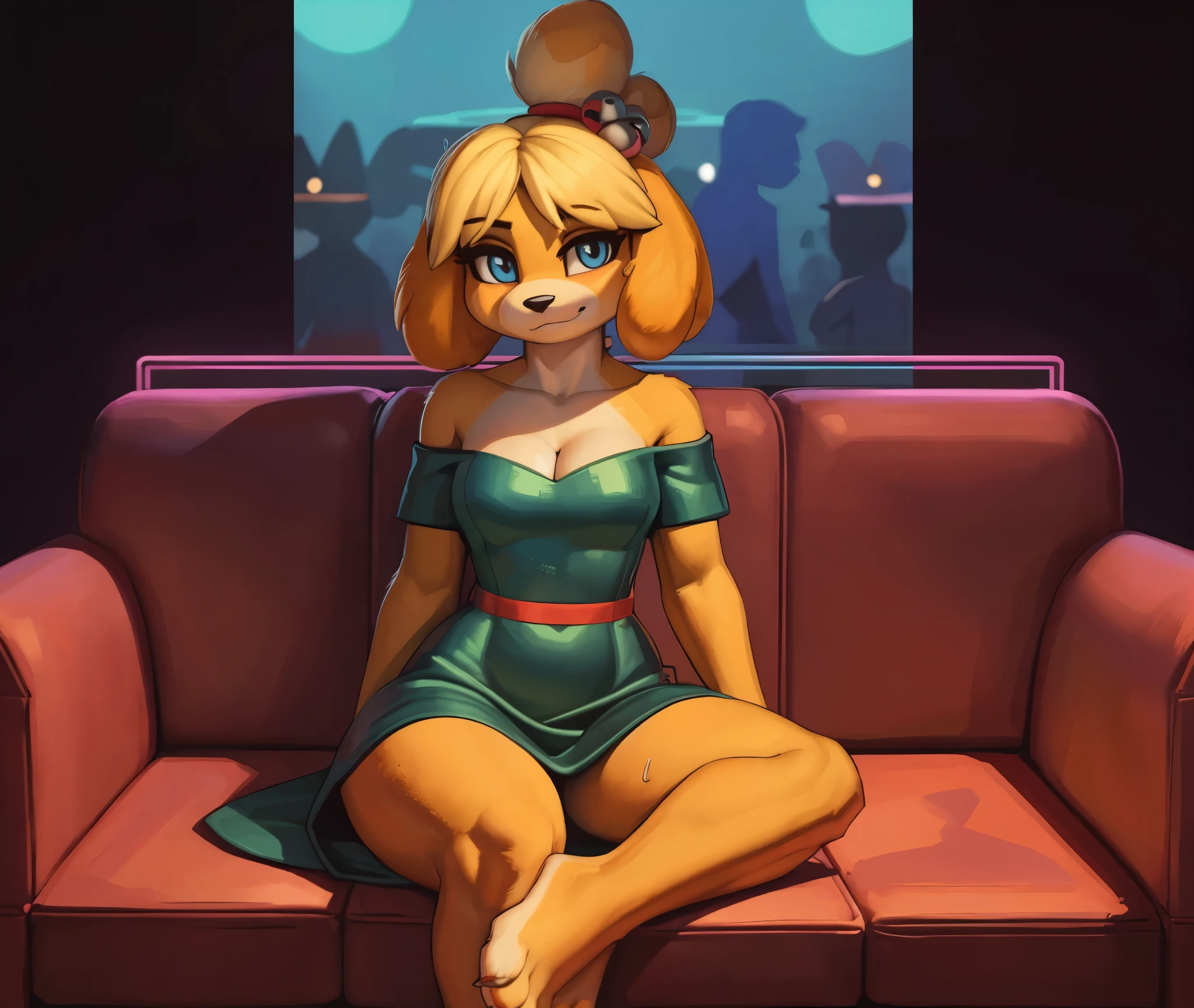 [isaCrossing], [Isabelle], [Animal Crossing], [Uploaded to e621.net; (Pixelsketcher), (wamudraws)], ((masterpiece)), ((HD)), ((highres)), ((solo portrait)), ((front view)), ((feet visible)), ((furry; anthro)), ((detailed fur)), ((detailed shading)), ((beautiful render art)), {anthro; (slim figure), yellow fur, black nose, (cute blue eyes), small brown eyebrows, blonde hair, (bells in hair), topknot, fluffy tail, (curvy hips), (sweat on forehead), (beautiful legs), (beautiful feet), (cute nervous smirk)}, {(red ribbon in hair), (green satin off-shoulder dress), (cleavage)}, {(sitting on couch), (hands in lap), (looking at viewer)}, [background; (club), (party), (neon lights), (ambient lighting)]