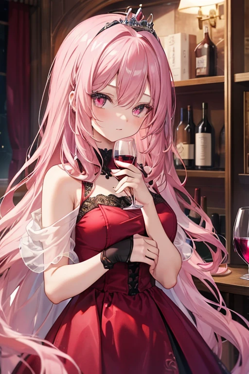 alone, One girl, Anya Forger/(Spy x Family/), masterpiece, Highest quality, so beautiful, slim, Absurd, Pink Hair, Green Eyes, Long Hair, Black Dress, Collared shirt, smile, View your viewers, From the side, Sitting, wine glass, Have, machine, bar counter, Hair ornament escalator,summary,Carboy Shot,From the side,so beautiful,masterpiece,Highest quality,Official Art,