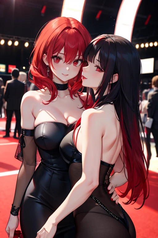 A red haired woman with red eyes is kissing a black haired woman with red eyes on the red carpet