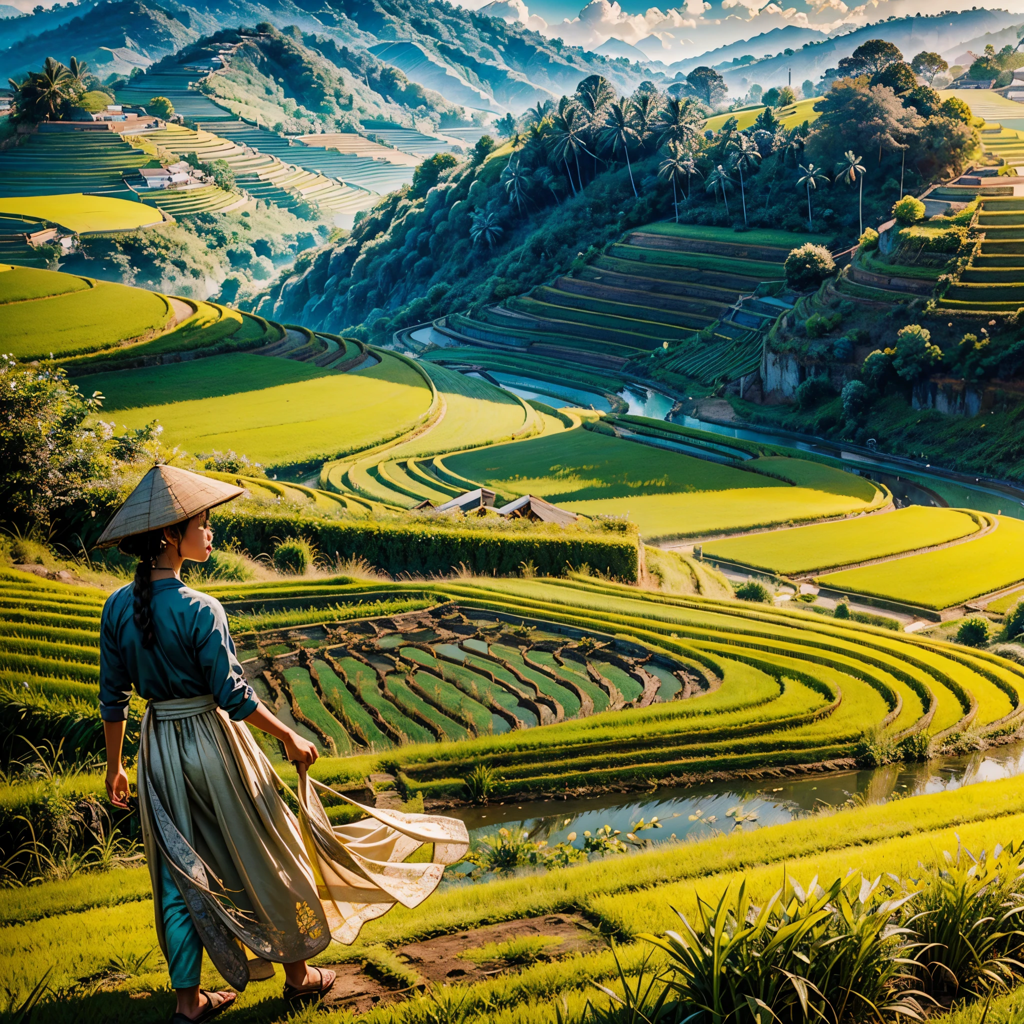 Sunshine Stunning, vibrant vivid colors-coded,deep path equirectangular farm life, ultra masterpiece meticulously intricate ultra_high-details ultra_high-def ultra_high-res ultra_high-quality optimal ultra_sharpness ultra_photo-realistic focus perfection accurate UHD XT3 DSLR HDR Octane_render Unrealengine5 volumetric SunLight scenic Southeast Asia stairs field,farmer working diligently,traditional Vietnamese farmer attire,natural sunlight illuminating the scene,colorful chickens happily pecking the ground,authentic Vietnamese rural setting,lush green rice terraces stretching into the distance,serene and picturesque landscape,peaceful and harmonious atmosphere,farmer's hardworking spirit,traditional farming techniques passed down through generations,cultural richness and heritage of Vietnam,meticulously detailed steps of the stairs field,subtle texture of the terraced fields,layered composition of the agricultural landscape,charming and idyllic countryside scene,immersive view of the rustic scenery,rich cultural context of Southeast Asia,Vietnamese craftsmanship and agricultural traditions shining through,authentic portrayal of the farmer's daily life,diligent caretaker of the land,stunning visual storytelling,emotionally captivating artwork,mesmerizing perspective capturing the essence of the moment,awe-inspiring depiction of the Southeast Asian farming community,inspiring and thought-provoking artwork,immersive and evocative piece of Southeast Asian art,exquisite attention to detail,showcasing the natural beauty and simplicity of rural life,meticulous craftsmanship and precision in each brushstroke,compelling narrative that sparks curiosity and imagination,stunning play of light and shadow across the scenery,evoking a sense of tranquility and serenity,embodying the timeless beauty of Southeast Asia's agricultural landscapes,inviting viewers to experience the charm and authenticity of Vietnam's countryside varies ❤ multi etc. --s 1000 --c 20 --q 20 --chaos 100