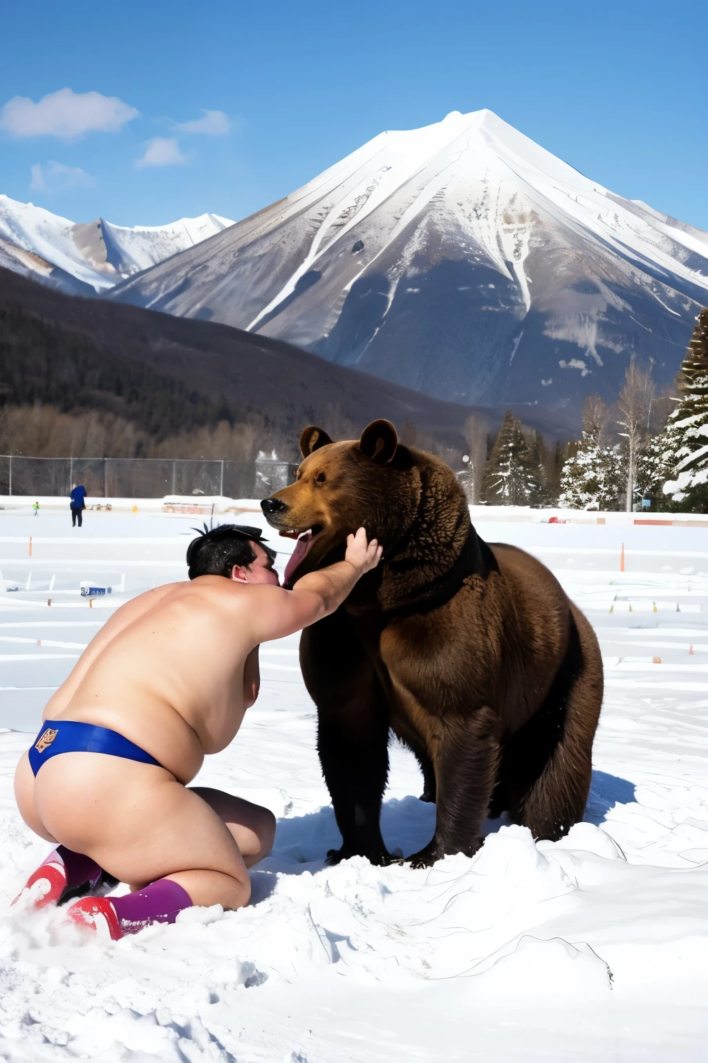 snow mountains sumo-wrestling a bear