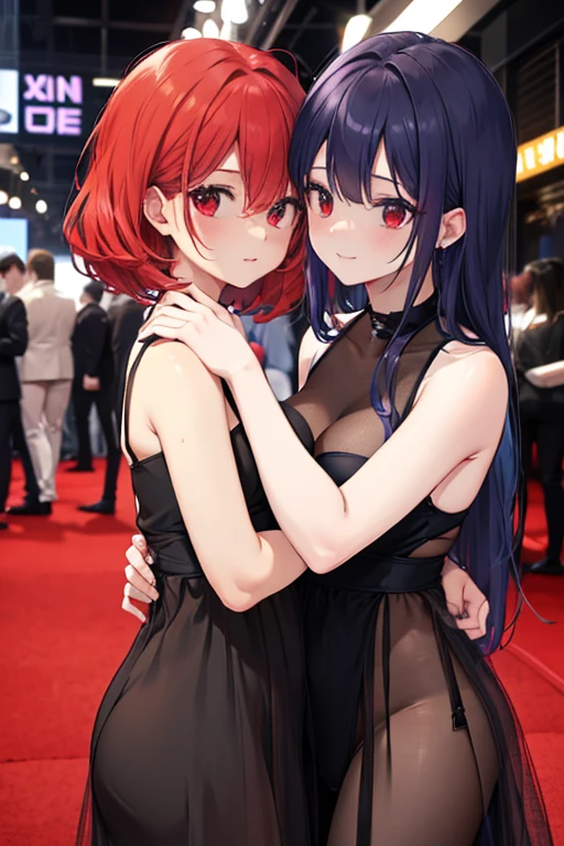 A red haired woman with red eyes is kissing a black haired woman with red eyes on the red carpet