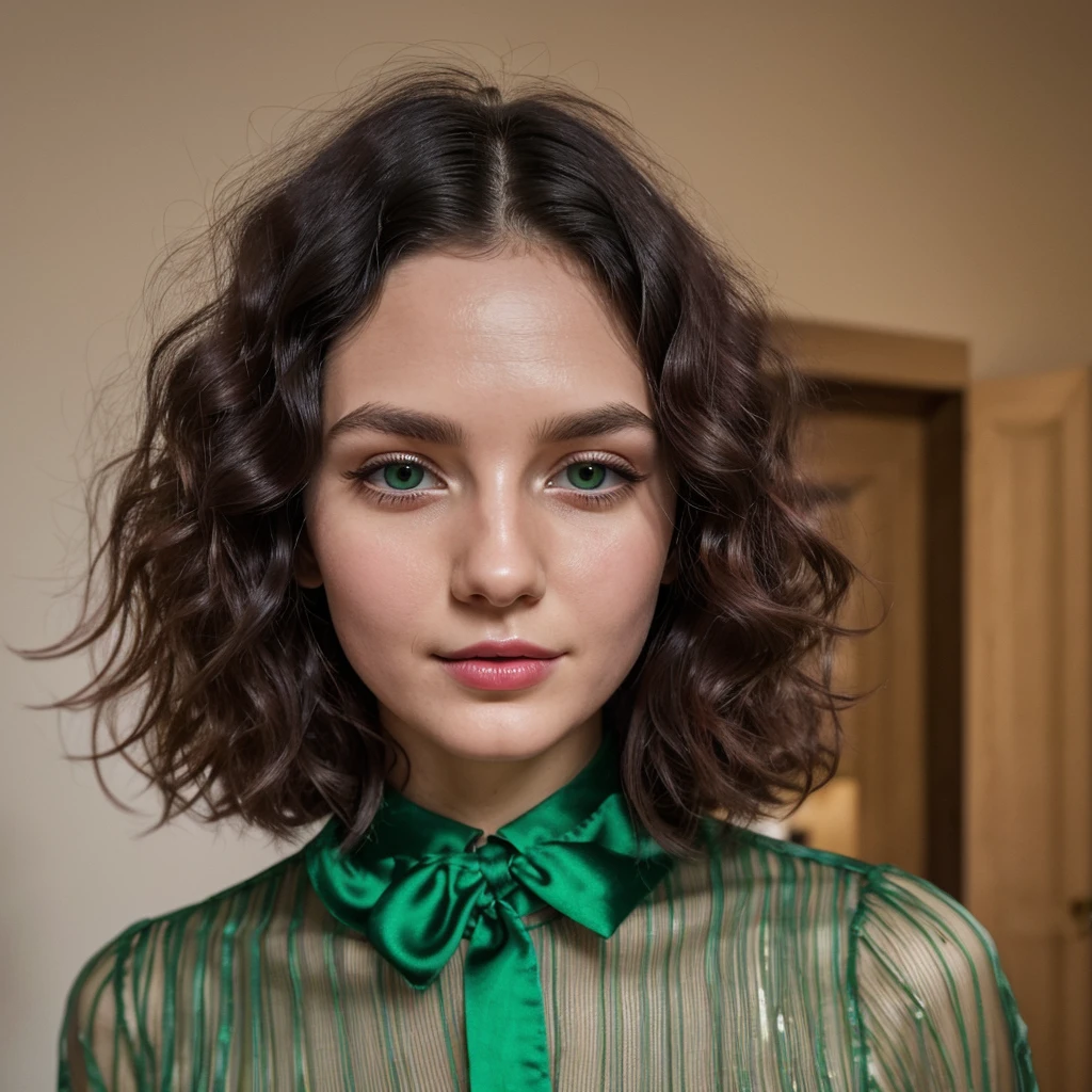 25 years old beautiful cosmopolite elite londoner rich women with a bright very dark black wavy hair and white skin and small noise and high cheeks and bold lips and green eyes and long eyelashes and high chestnut color eyebrow and long neck and oblong shape face, passport photo, realistic, full-HD, 8k, super detail, occurate, best quality