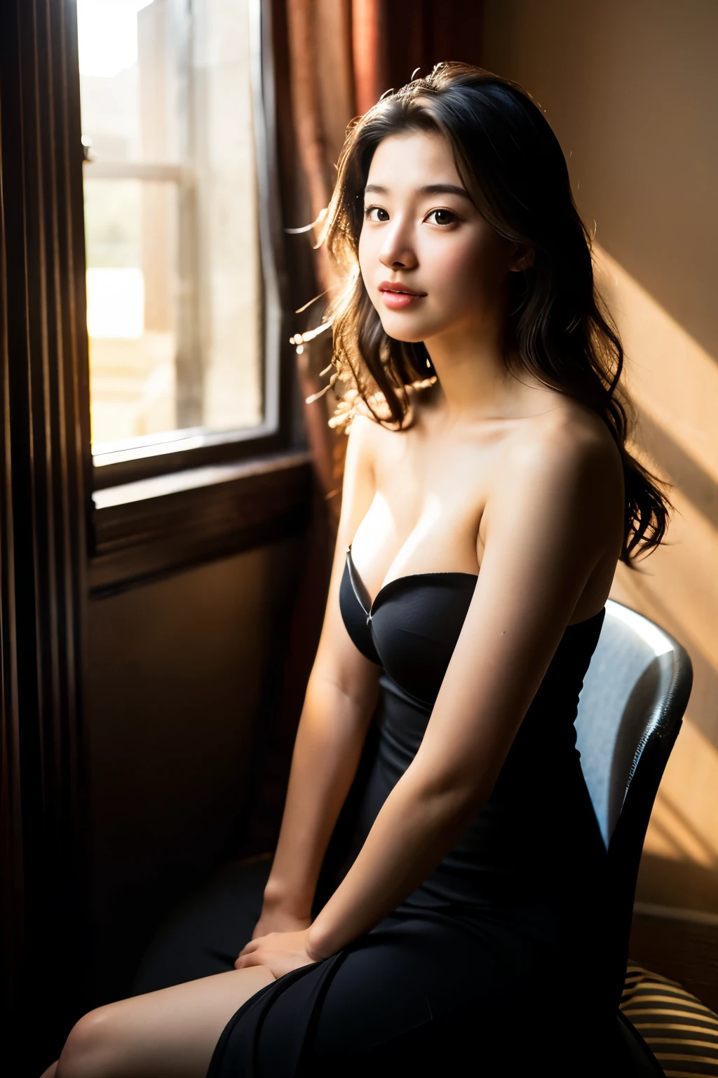 Hyper realistic beautiful 18 years old girl, black long dress showing a bit of her tits, sitting near a window backlighting the scene of a hotel room, wavy hair, small body, tight breast