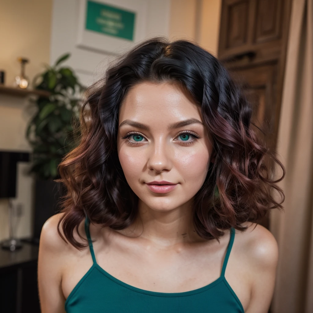 25 years old beautiful urban girl with a bright blue-black wavy hair and rose skin and small noise and high cheeks and bold lips and green eyes and long eyelashes and high chestnut color eyebrow and long neck and heart shape face, passport photo, realistic, full-HD, 8k, super detail, occurate, best quality