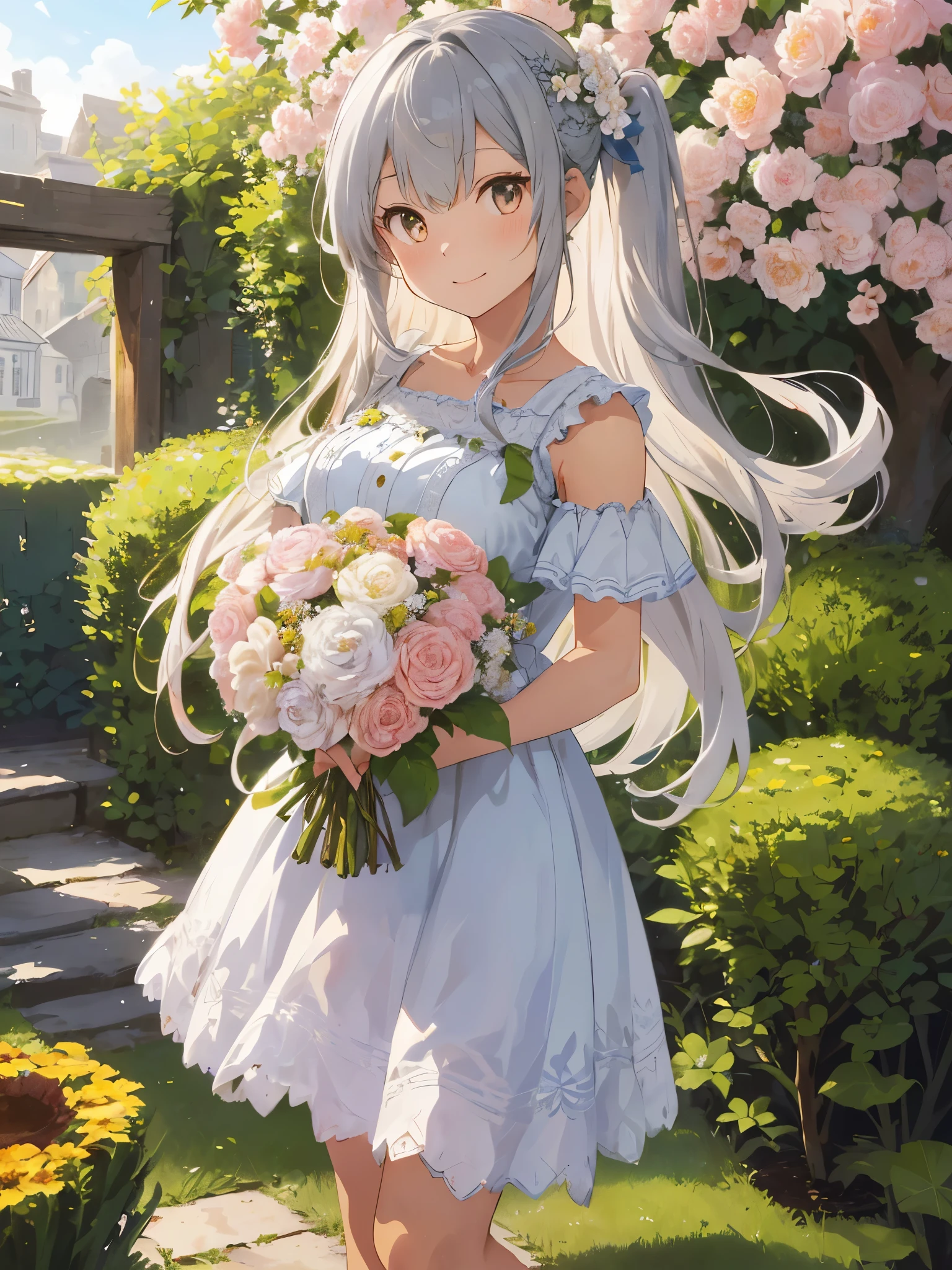 (Best Quality, High resolution, Illustration, Extremely high quality, High Definition, Ultra-fine details), A long-haired silver-haired girl standing in a beautiful garden full of blooming flowers., A slight smile appears on her face, Holding a large bouquet of flowers, Wear a cute ethnic-style dress with ruffles on the shoulders, Hair swaying in the wind.