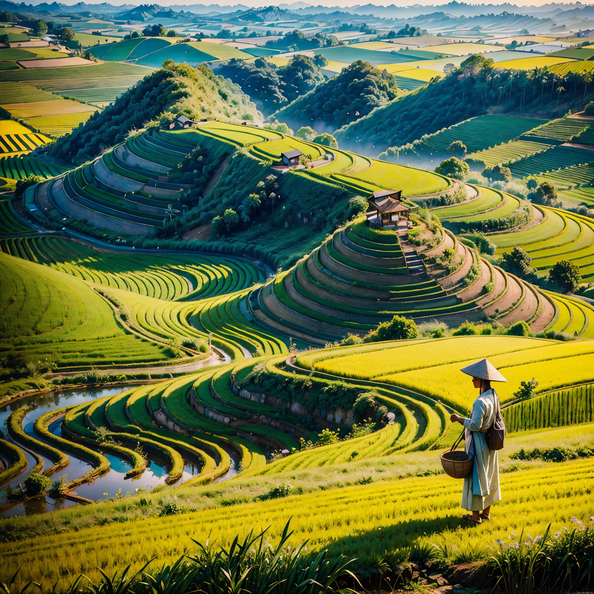 Sunshine Stunning, vibrant vivid colors-coded,deep path equirectangular farm life, ultra masterpiece meticulously intricate ultra_high-details ultra_high-def ultra_high-res ultra_high-quality optimal ultra_sharpness ultra_photo-realistic focus perfection accurate UHD XT3 DSLR HDR Octane_render Unrealengine5 volumetric SunLight scenic Southeast Asia stairs field,farmer working diligently,traditional Vietnamese farmer attire,natural sunlight illuminating the scene,colorful chickens happily pecking the ground,authentic Vietnamese rural setting,lush green rice terraces stretching into the distance,serene and picturesque landscape,peaceful and harmonious atmosphere,farmer's hardworking spirit,traditional farming techniques passed down through generations,cultural richness and heritage of Vietnam,meticulously detailed steps of the stairs field,subtle texture of the terraced fields,layered composition of the agricultural landscape,charming and idyllic countryside scene,immersive view of the rustic scenery,rich cultural context of Southeast Asia,Vietnamese craftsmanship and agricultural traditions shining through,authentic portrayal of the farmer's daily life,diligent caretaker of the land,stunning visual storytelling,emotionally captivating artwork,mesmerizing perspective capturing the essence of the moment,awe-inspiring depiction of the Southeast Asian farming community,inspiring and thought-provoking artwork,immersive and evocative piece of Southeast Asian art,exquisite attention to detail,showcasing the natural beauty and simplicity of rural life,meticulous craftsmanship and precision in each brushstroke,compelling narrative that sparks curiosity and imagination,stunning play of light and shadow across the scenery,evoking a sense of tranquility and serenity,embodying the timeless beauty of Southeast Asia's agricultural landscapes,inviting viewers to experience the charm and authenticity of Vietnam's countryside varies ❤ multi etc. --s 1000 --c 20 --q 20 --chaos 100