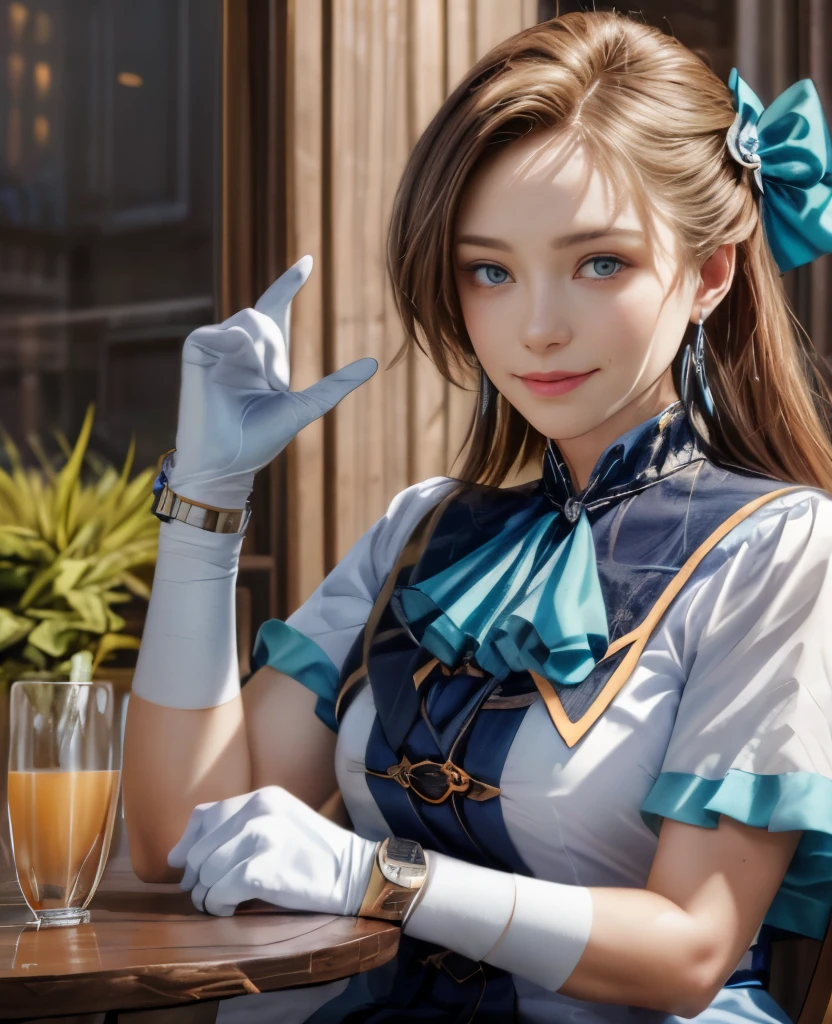 8K, best quality, best resolution, realistic, masterpiece, absurdres, a beautiful girl KatarinaClaes, asymmetrical bangs, earrings, hair bow, blue dress, long dress, high collar, ascot, brooch, white gloves, bracelet, sitting, cup of tea, table, chair, slight smile,