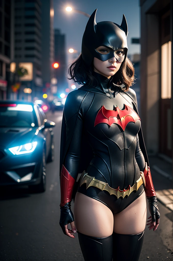 8K, Masterpiece, Raw Photo, Highest Quality, Photorealistic, High Definition CG Unity 8K Wallpaper, Depth of Field, Cinematic Light, Lens Flare, Ray Tracing, Full Body Portrait, (Extremely Beautiful Face, Beautiful Lipatwoman costume (exactly Batwoman), short black hair and brown eyes,  town, futuristic city, Asian woman