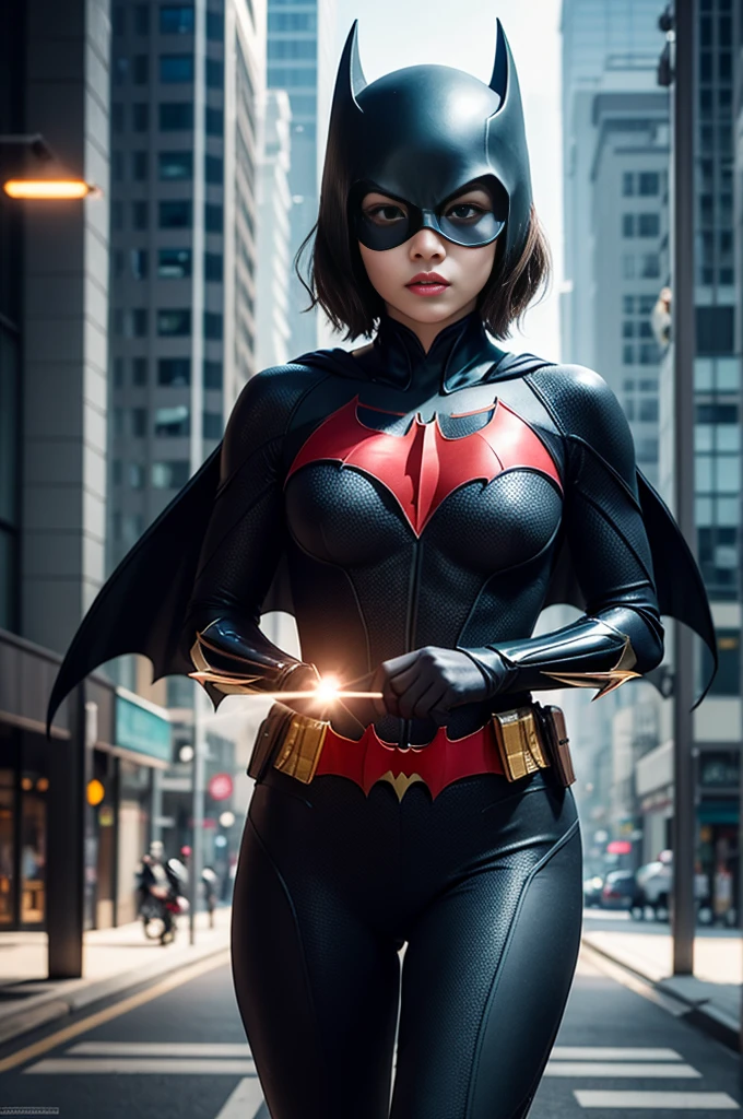 8K, Masterpiece, Raw Photo, Highest Quality, Photorealistic, High Definition CG Unity 8K Wallpaper, Depth of Field, Cinematic Light, Lens Flare, Ray Tracing, Full Body Portrait, (Extremely Beautiful Face, Beautiful Lipatwoman costume (exactly Batwoman), short black hair and brown eyes,  town, futuristic city, Asian woman