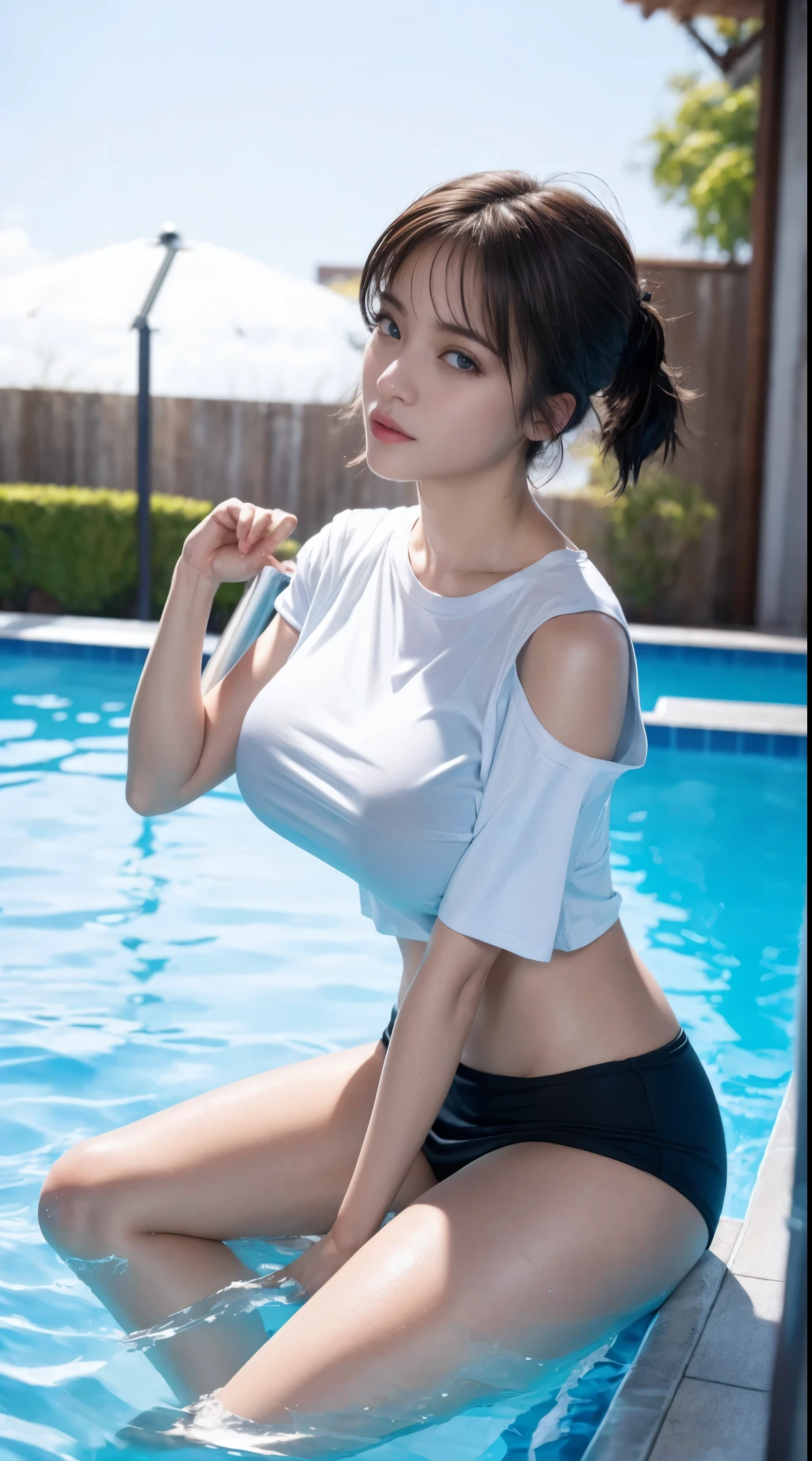 Create a photo realistic young woman with dark hair (length until her shoulders), blue eyes and large boobs. She wears a white t-shirt, round neck, long fit and short sleeves, without a bra, and she also wears a uni color black cotton mini skirt. She climbs out a swimming pool, dripping wet. The t-shirt clings to her body and is a little transparent. Full body, wide angle shot.