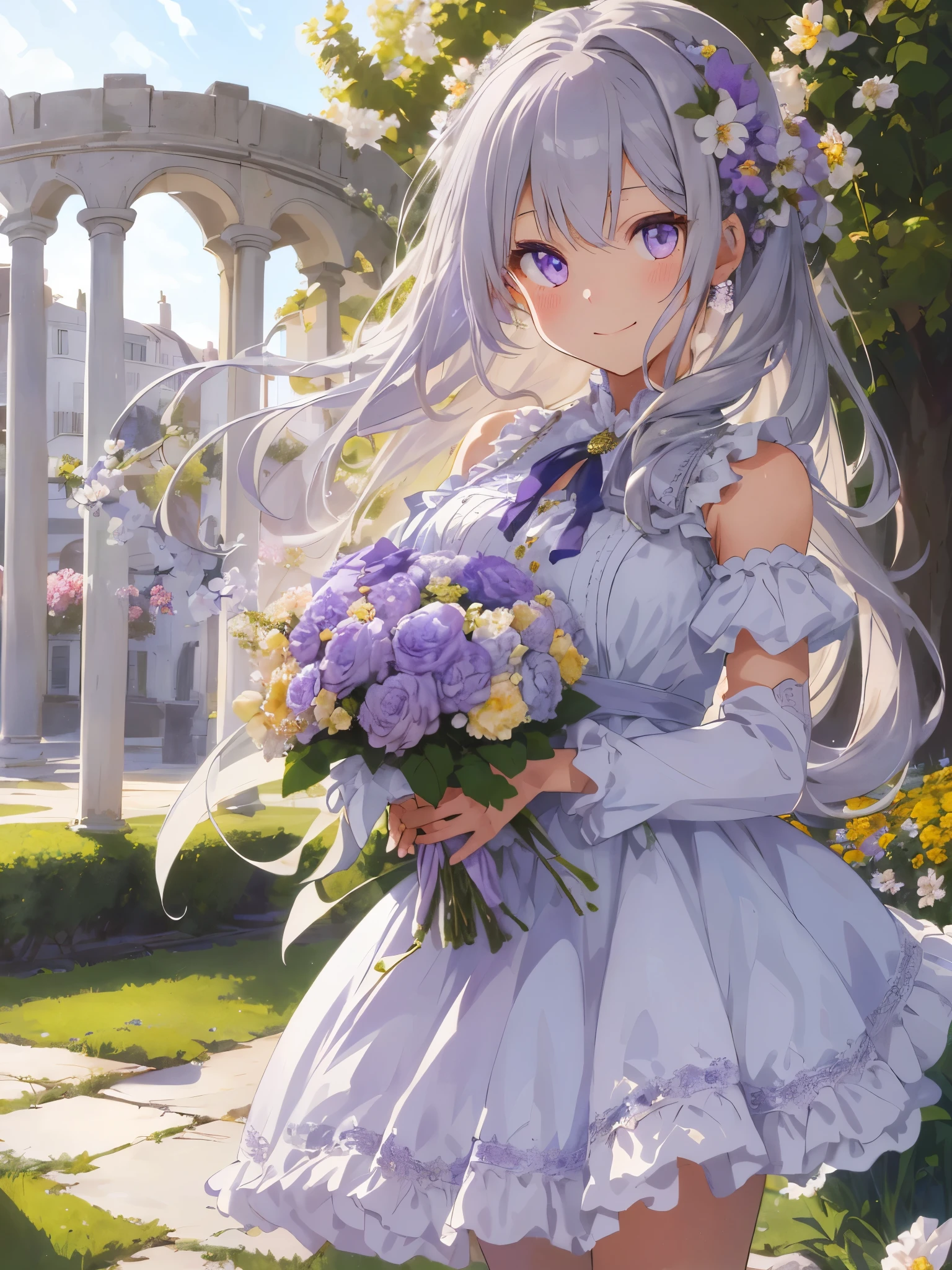 (Best Quality, High resolution, Illustration, Extremely high quality, High Definition, Ultra-fine details), A girl with long silver hair stands in a beautiful garden full of blooming flowers.., Light purple eyes, a slight smile on her face, Holding a large bouquet of flowers, Wearing an ethnic-style dress with cute ruffles on the shoulders, Hair swaying in the wind.