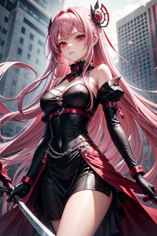 1girl, 18 years old, long pink hair, red eyes, holding a silver scythe red dress, princess death, momento mori hair clip