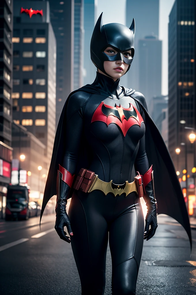 8K, Masterpiece, Raw Photo, Highest Quality, Photorealistic, High Definition CG Unity 8K Wallpaper, Depth of Field, Cinematic Light, Lens Flare, Ray Tracing, Full Body Portrait, (Extremely Beautiful Face, Beautiful Lipatwoman costume (exactly Batwoman), short black hair and brown eyes,  town, futuristic city, Asian woman, no mask