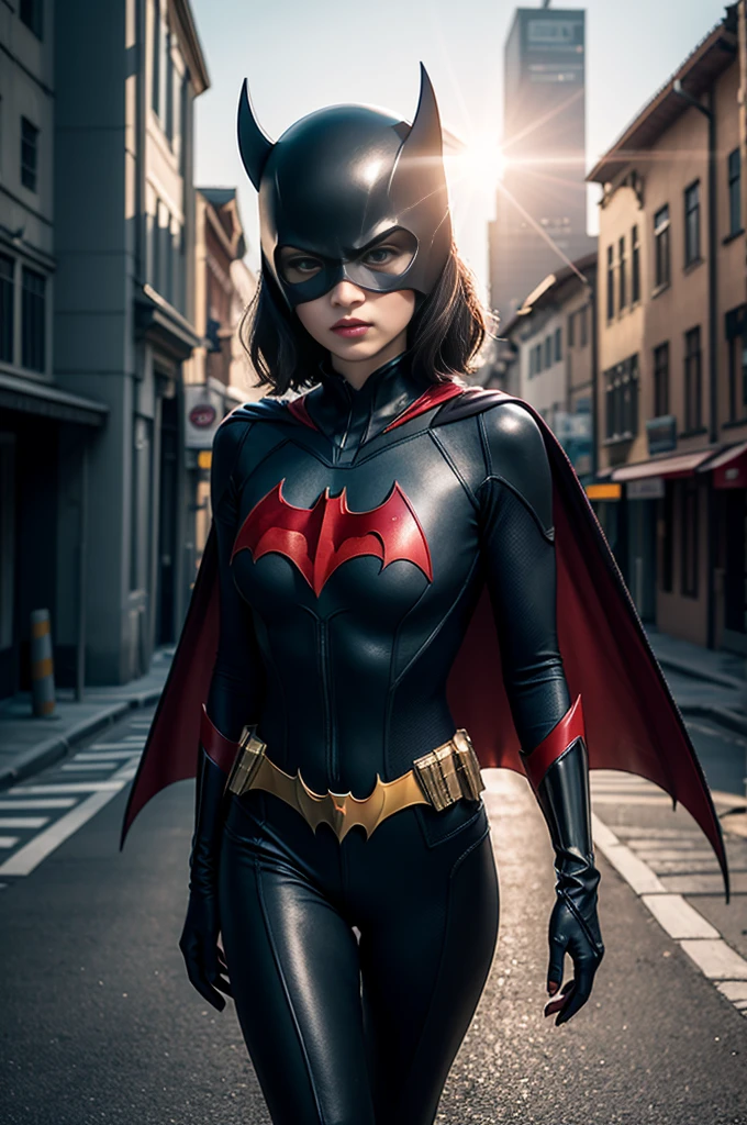 8K, Masterpiece, Raw Photo, Highest Quality, Photorealistic, High Definition CG Unity 8K Wallpaper, Depth of Field, Cinematic Light, Lens Flare, Ray Tracing, Full Body Portrait, (Extremely Beautiful Face, Beautiful Lipatwoman costume (exactly Batwoman), short black hair and brown eyes, town, futuristic city, Asian woman, no mask