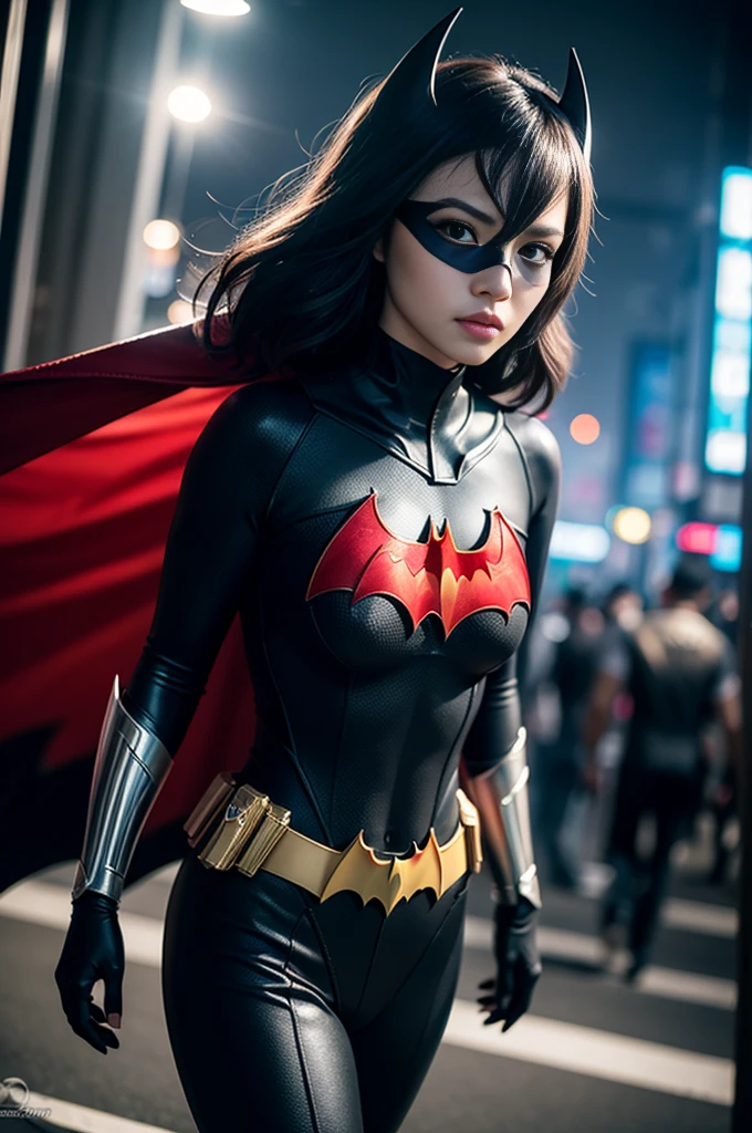 8K, Masterpiece, Raw Photo, Highest Quality, Photorealistic, High Definition CG Unity 8K Wallpaper, Depth of Field, Cinematic Light, Lens Flare, Ray Tracing, Full Body Portrait, (Extremely Beautiful Face, Beautiful Lipatwoman costume (exactly Batwoman), short black hair and brown eyes,  town, futuristic city, Asian woman, no mask