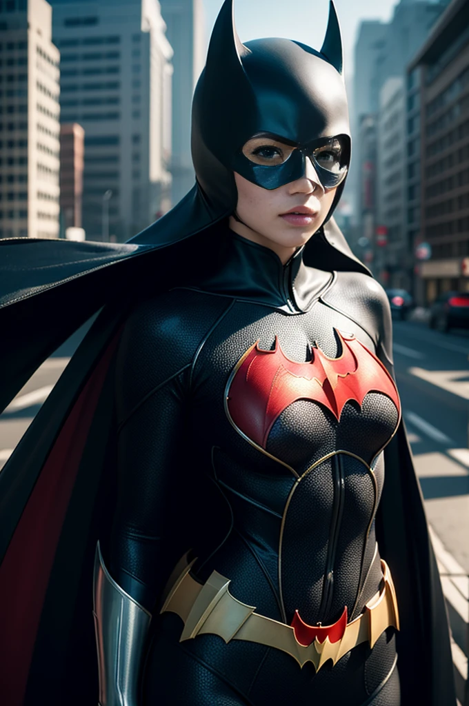 8K, Masterpiece, Raw Photo, Highest Quality, Photorealistic, High Definition CG Unity 8K Wallpaper, Depth of Field, Cinematic Light, Lens Flare, Ray Tracing, Full Body Portrait, (Extremely Beautiful Face, Beautiful Lipatwoman costume (exactly Batwoman), short black hair and brown eyes, town, futuristic city, Asian woman, no mask